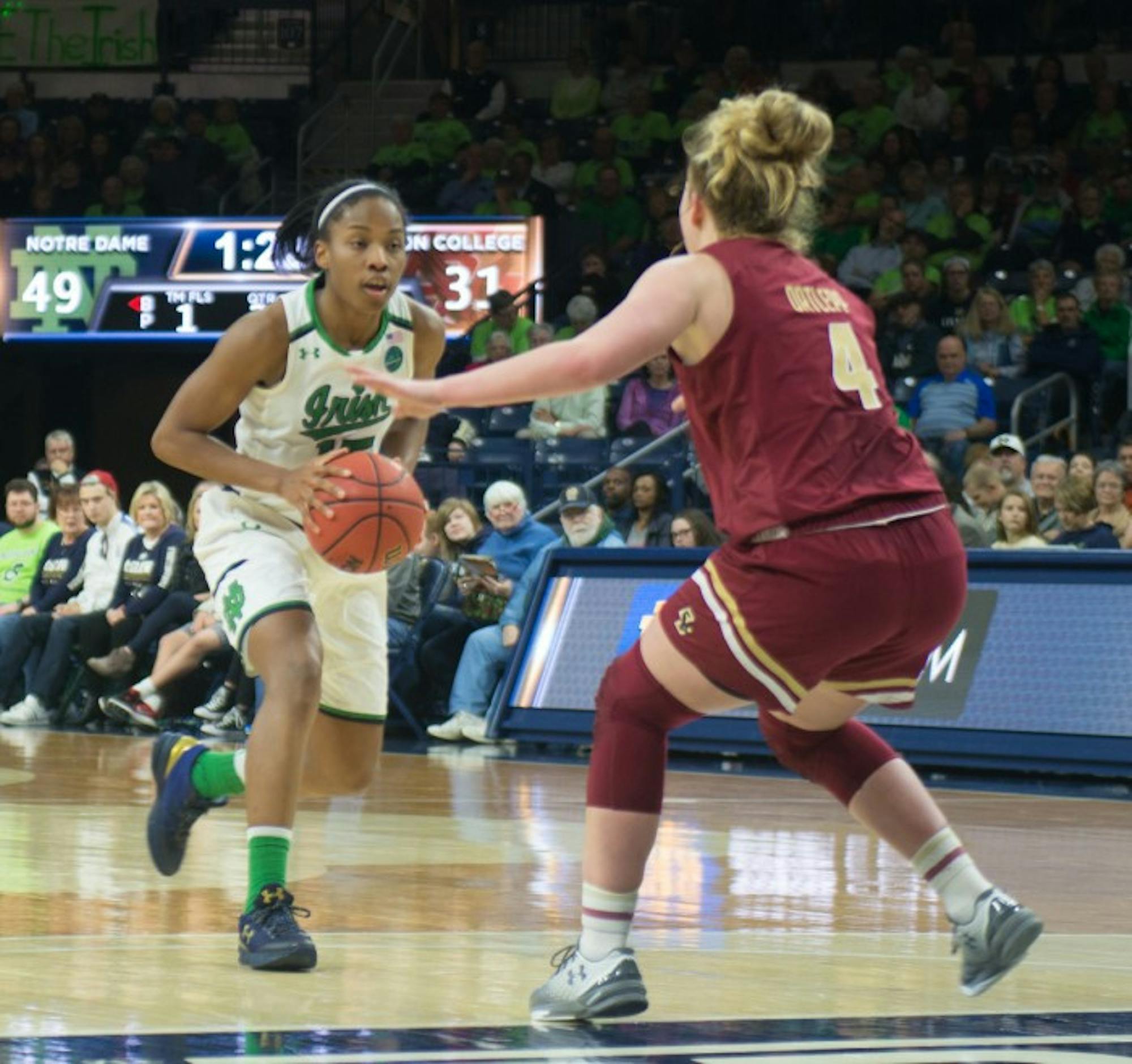 Irish senior guard Lindsay Allen drives at a defender during Notre Dame’s 82-45 win over Boston College on Thursday at Purcell Pavilion.