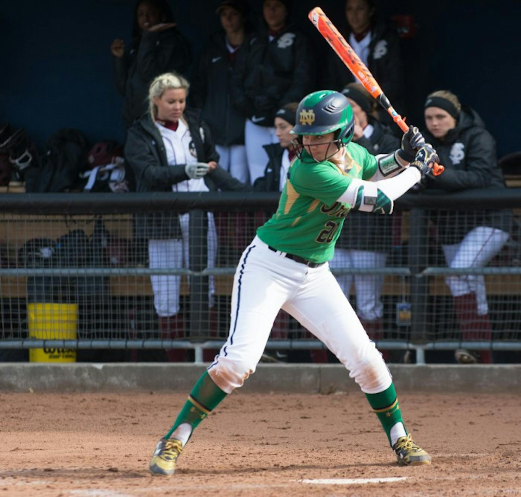 Irish sophomore infielder Morgan Reed waits for the pitch during Notre Dame’s 5-4 victory over Florida State on April 3. Reed bunted a single during the fifth inning when the Irish first took the lead.
