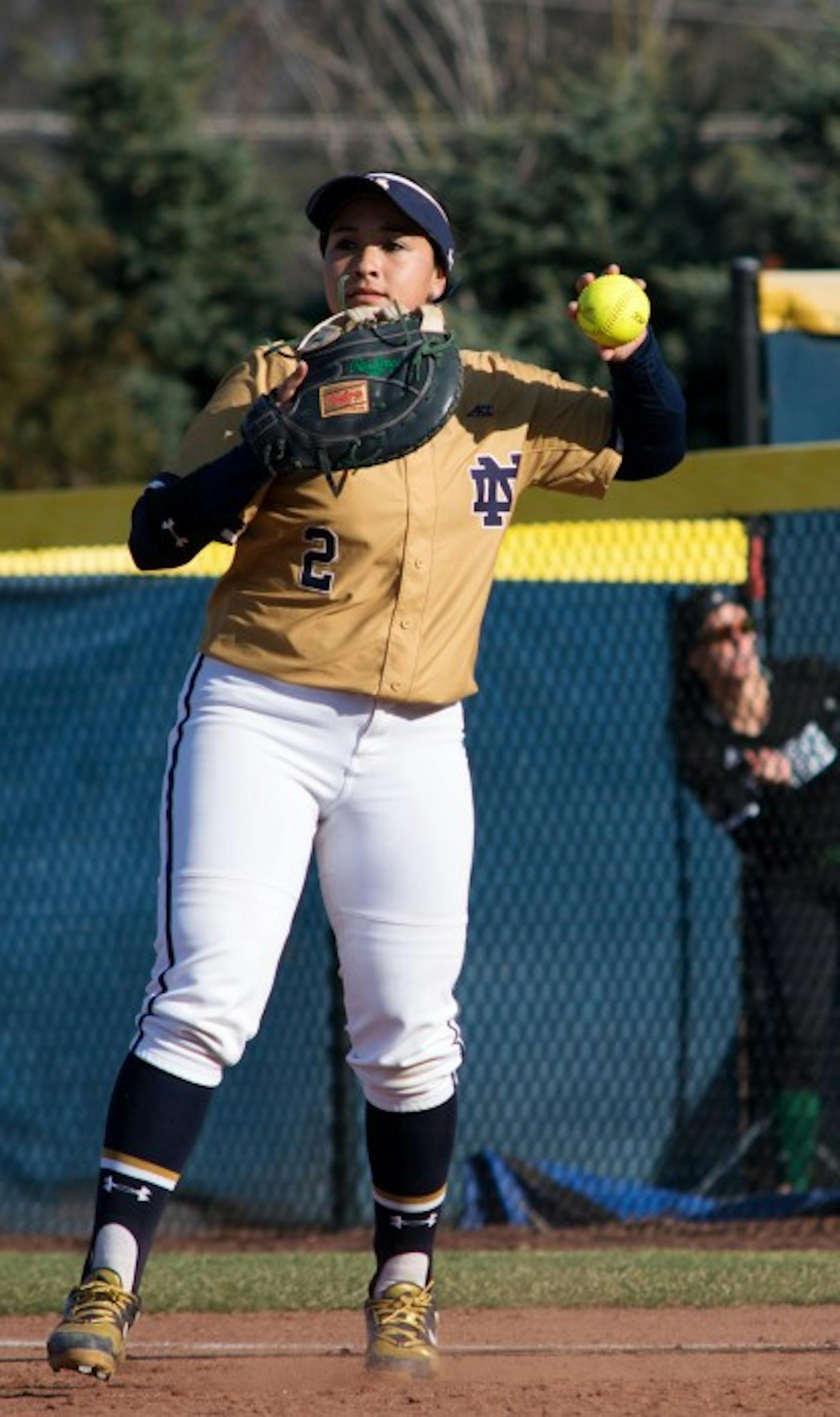 Irish senior first baseman Micaela Arizmendi relays the ball in after recording an out during Notre Dame’s 10-2 win over Eastern Michigan on March 22 at Melissa Cook Stadium.