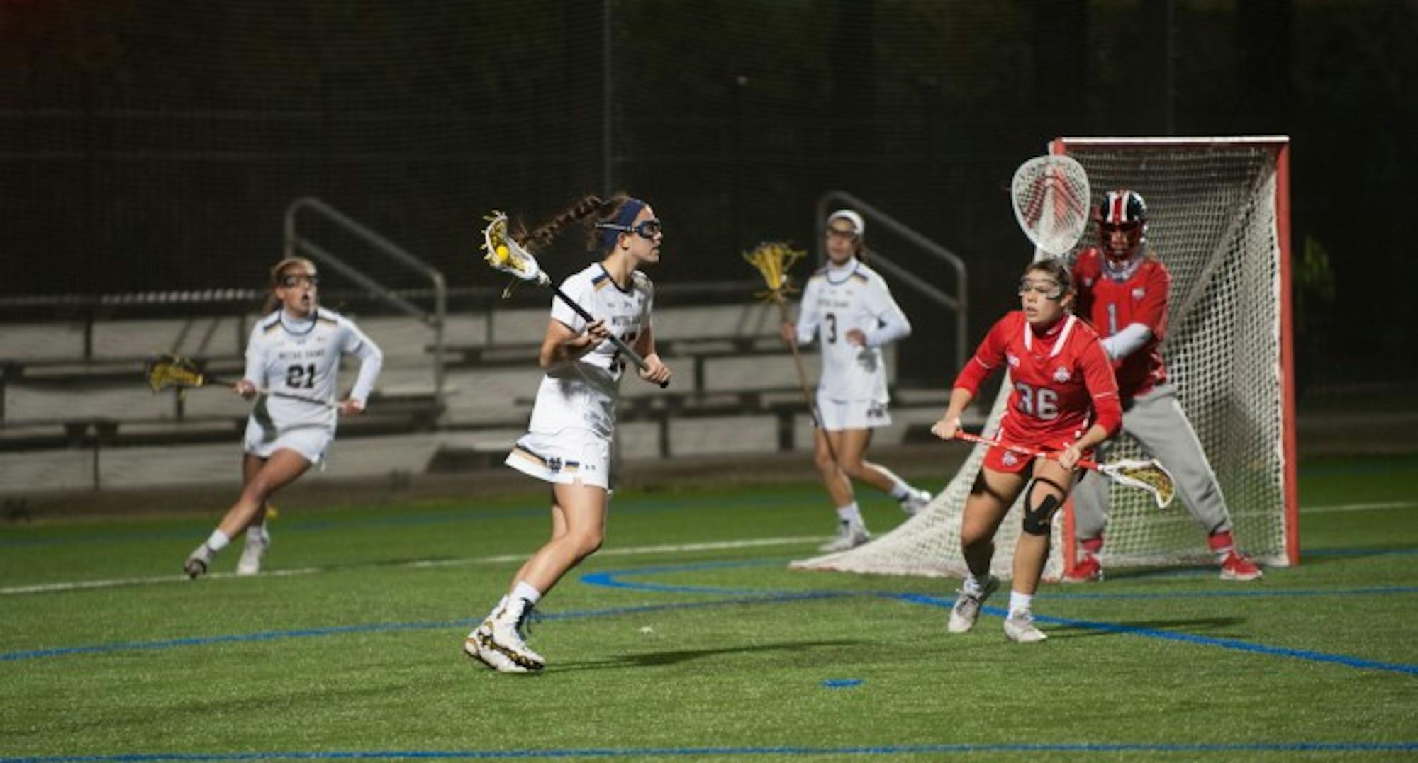 Irish senior attack Cortney Fortunato looks for an opporunity to score during Notre Dame’s 16-13 win over Ohio State on March 7 at Arlotta Stadium. Fortunato three of Notre Dame’s nine goals against UNC.