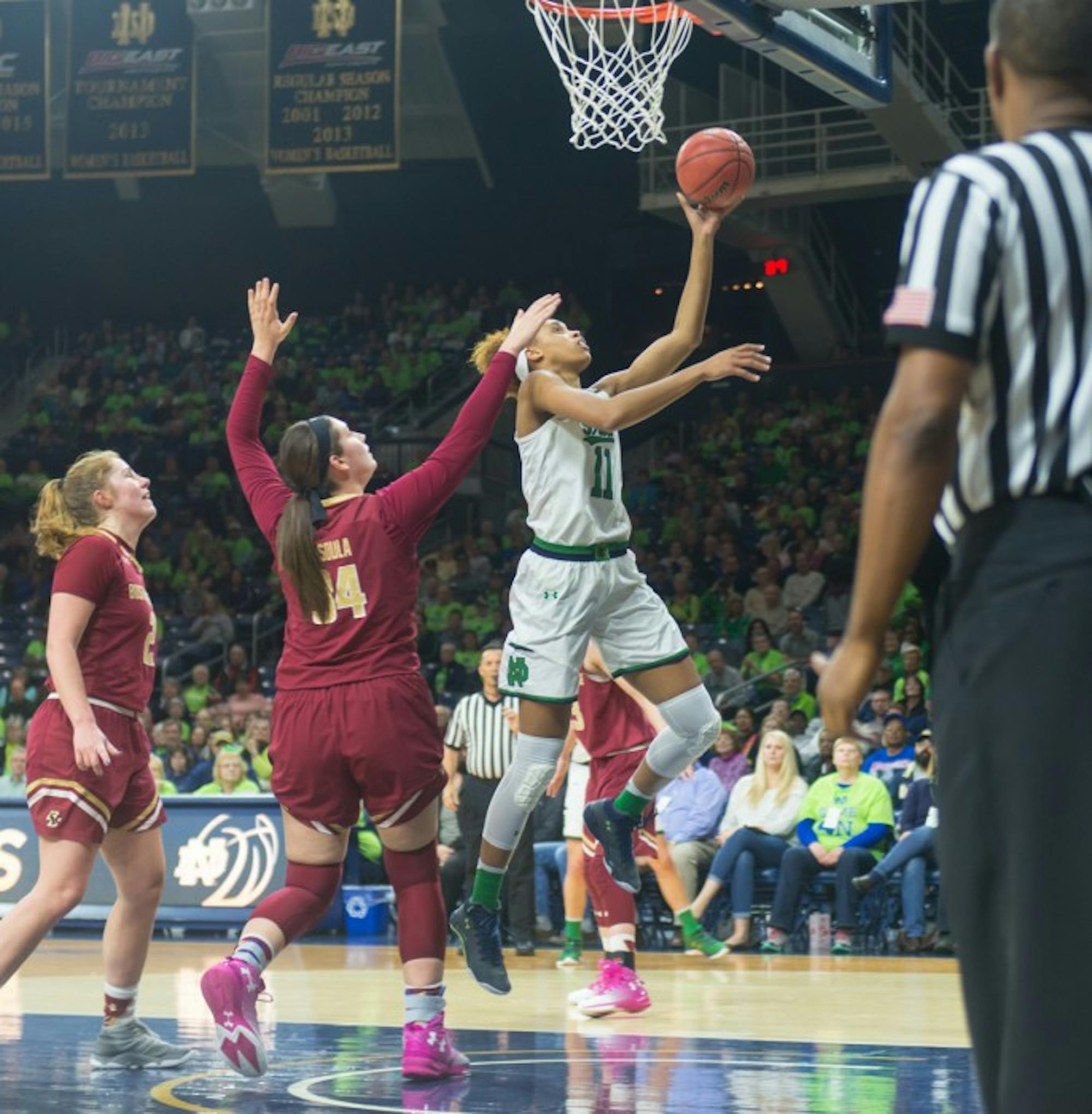 Irish junior forward Brianna Turner goes up for a layup during Notre Dame’s 80-69 win over Boston College on Jan. 19 at Purcell Pavilion.