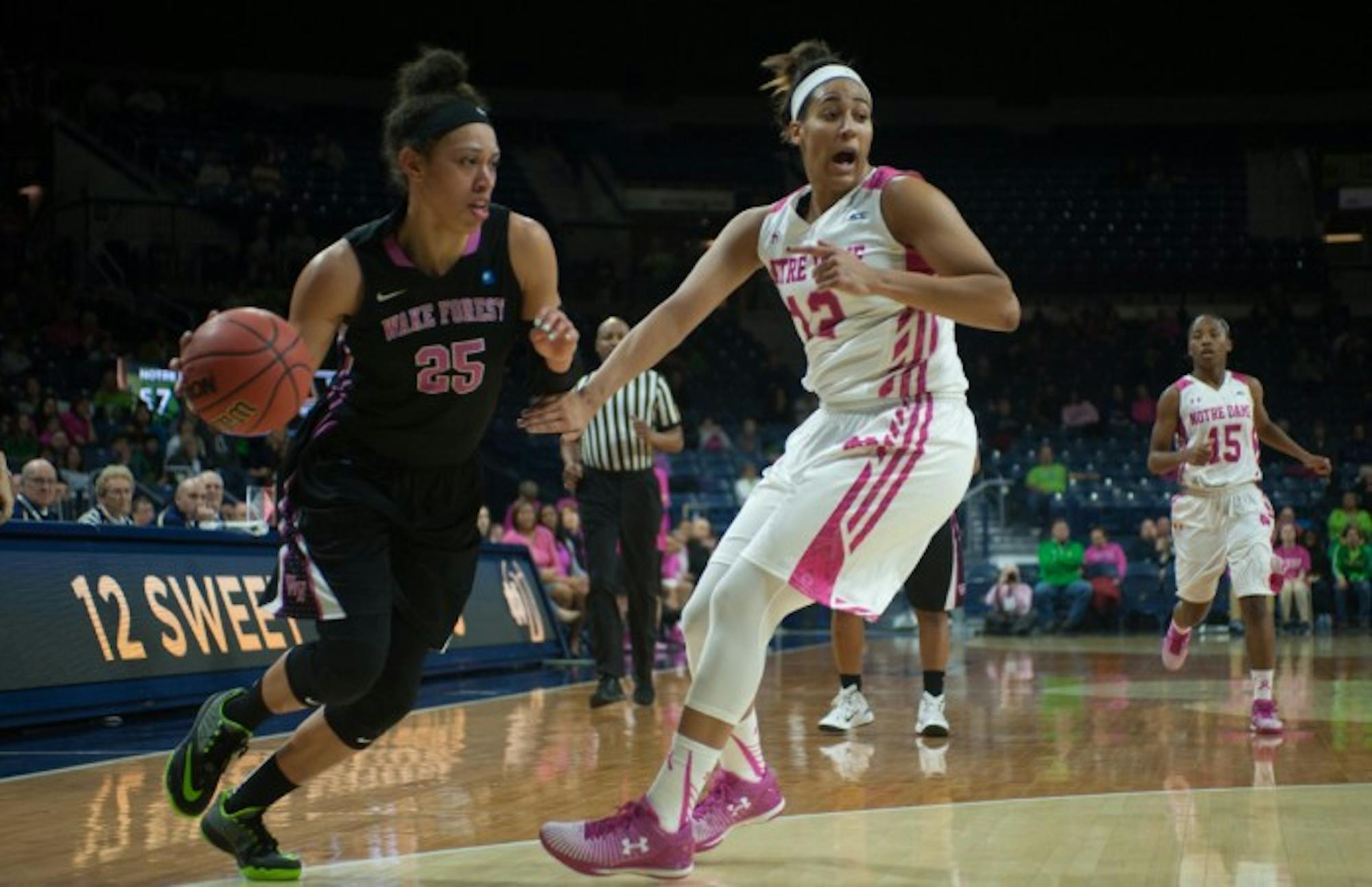 Irish sophomore forward Taya Reimer calls out for help on defense during Notre Dame’s 92-63 win over Wake Forest on Sunday at Purcell Pavilion. Reimer had five boards in the contest.