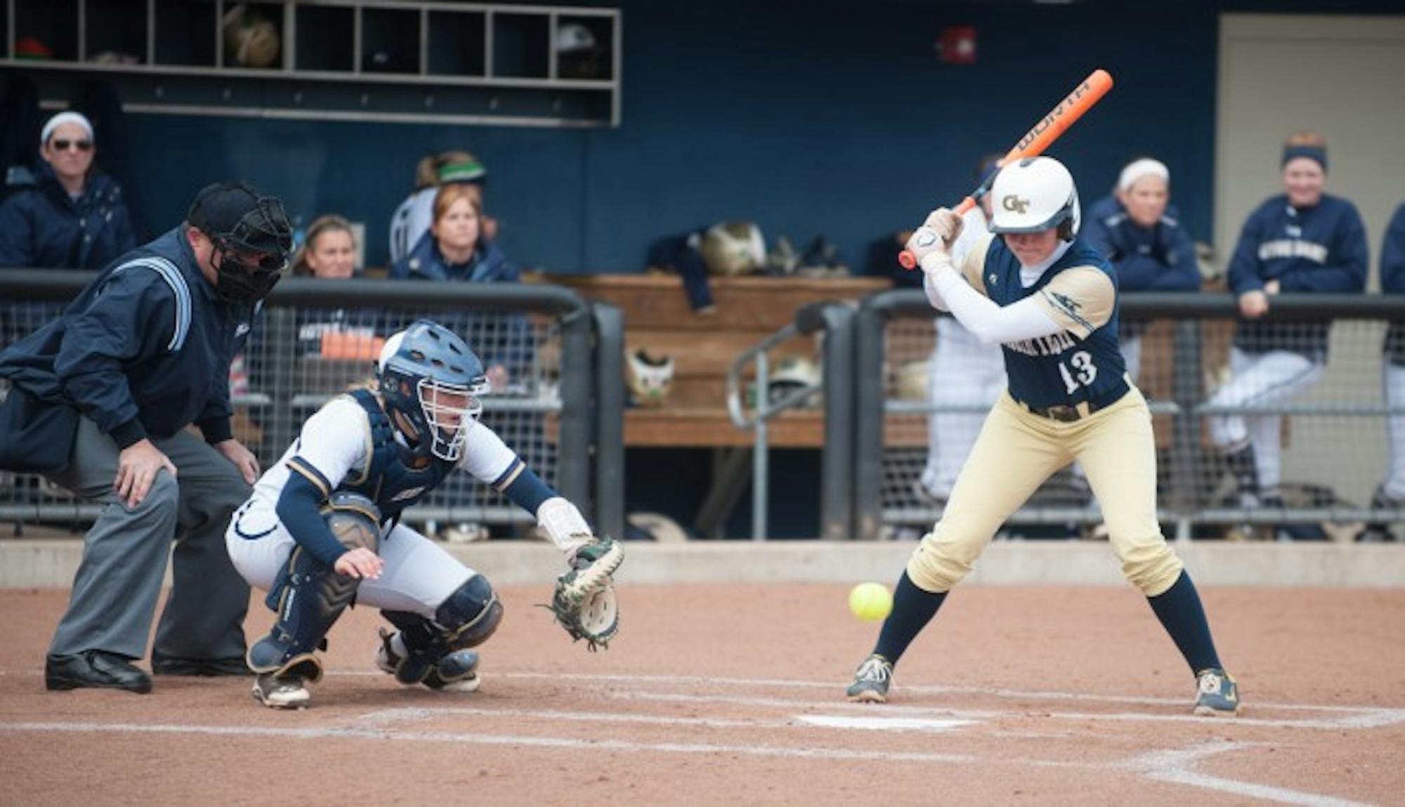 Irish senior catcher Cassidy Whidden handles a low pitch during Notre Dame's doubleheader against Georgia Tech March 21 at Melissa Cook Stadium. Notre Dame won both games, 6-1 and 13-0, respectively.