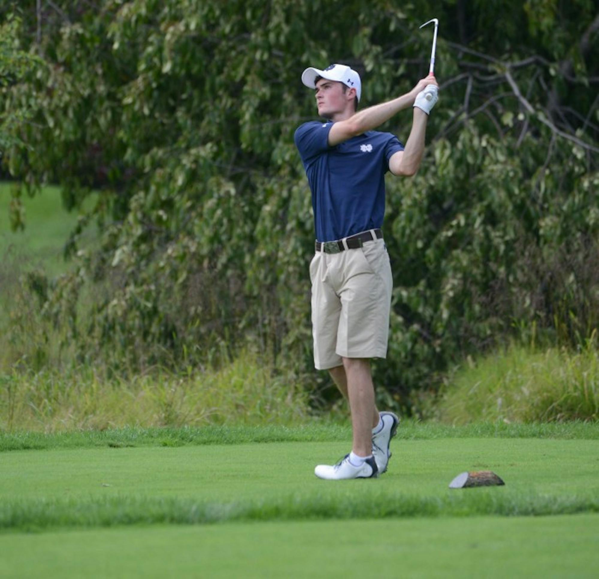 Irish sophomore Liam Cox tees off in the Notre Dame Kickoff  Challenge at Warren Golf Course on Aug. 31.