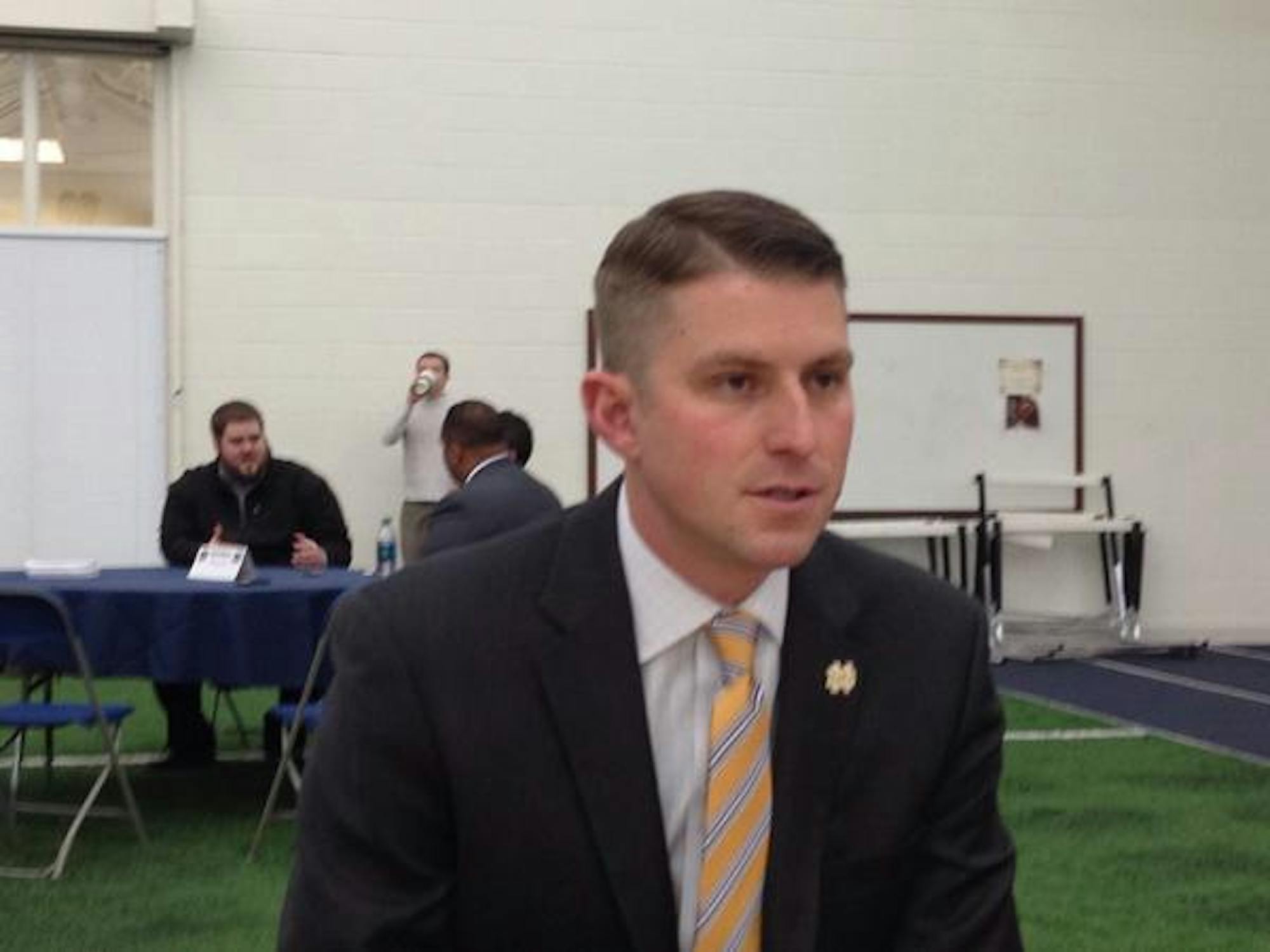 Mike Sanford talks to reporters in March of 2015.