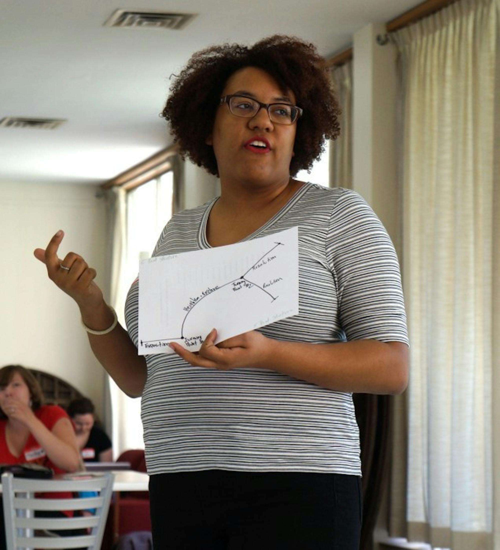 A member of the Second City, Ali Barthwell, instructs a workshop in the Regina South Lounge on Sunday afternoon.