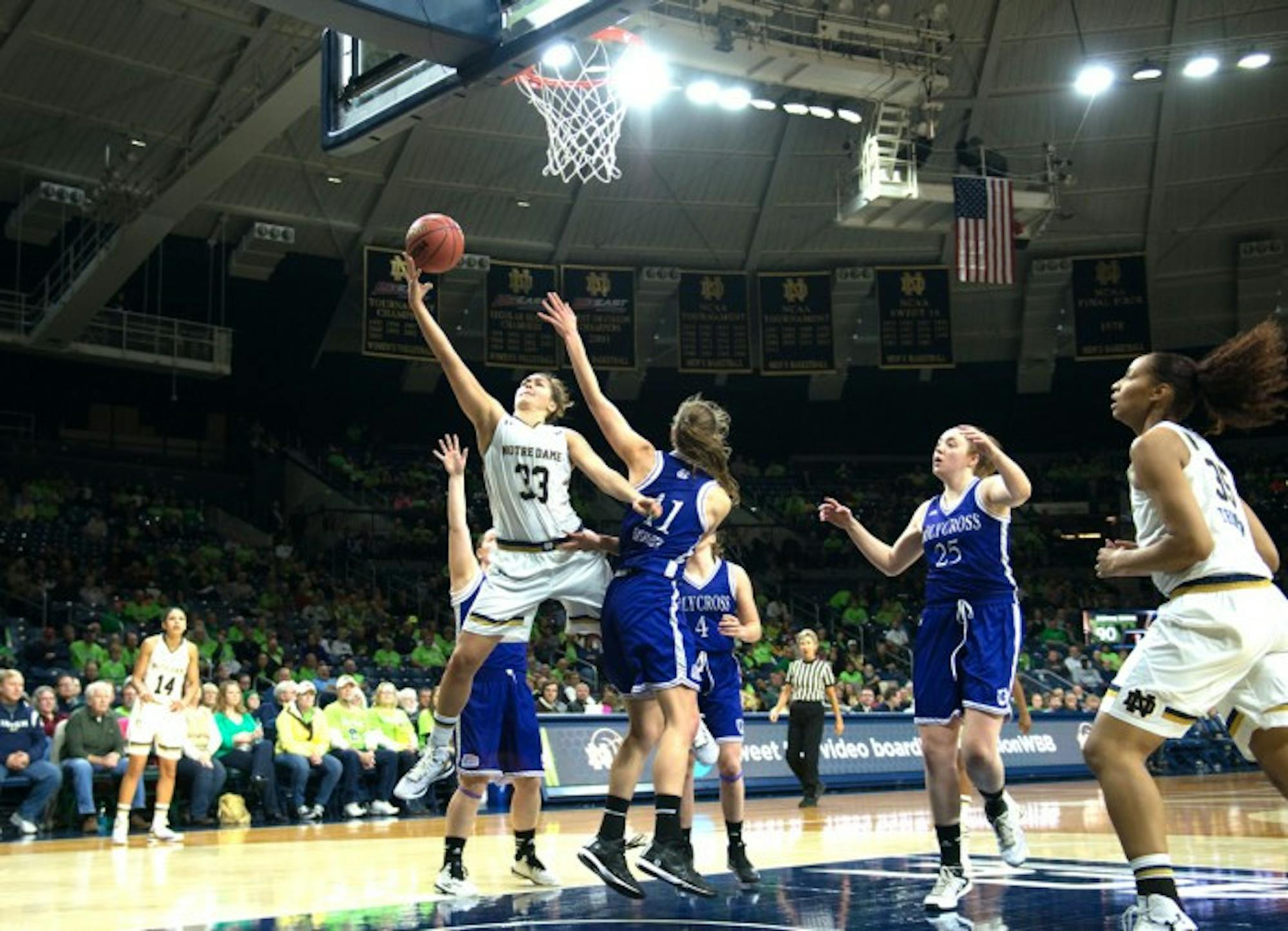 Notre Dame freshman forward Kathryn Westbeld drives inside for a shot against Holy Cross in a 104-29 defeat of Holy Cross on Nov. 23.