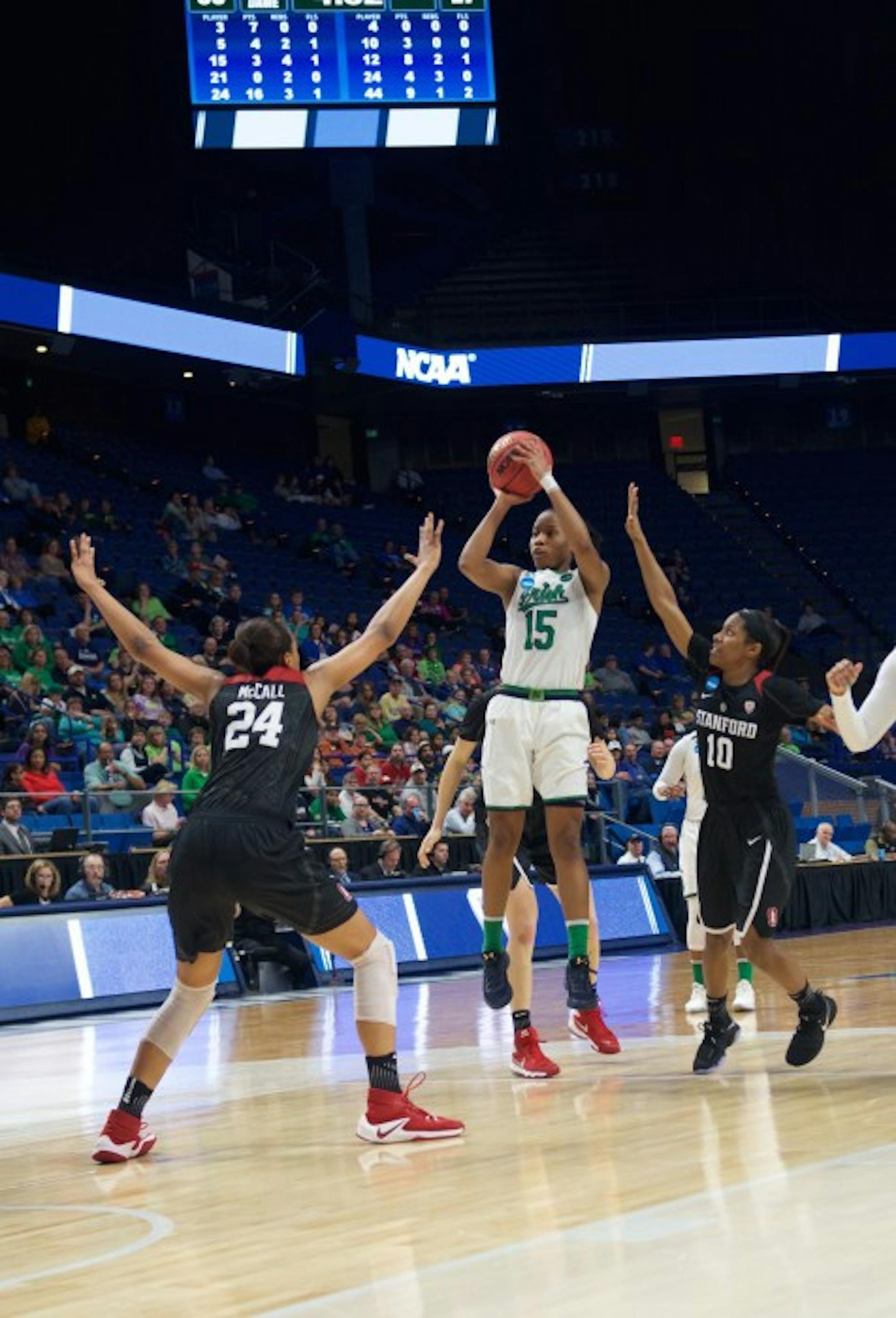 Irish senior guard Lindsay Allen pulls up for a jumper during Notre Dame’s 76-75 loss to Stanford on Sunday at Rupp Arena.