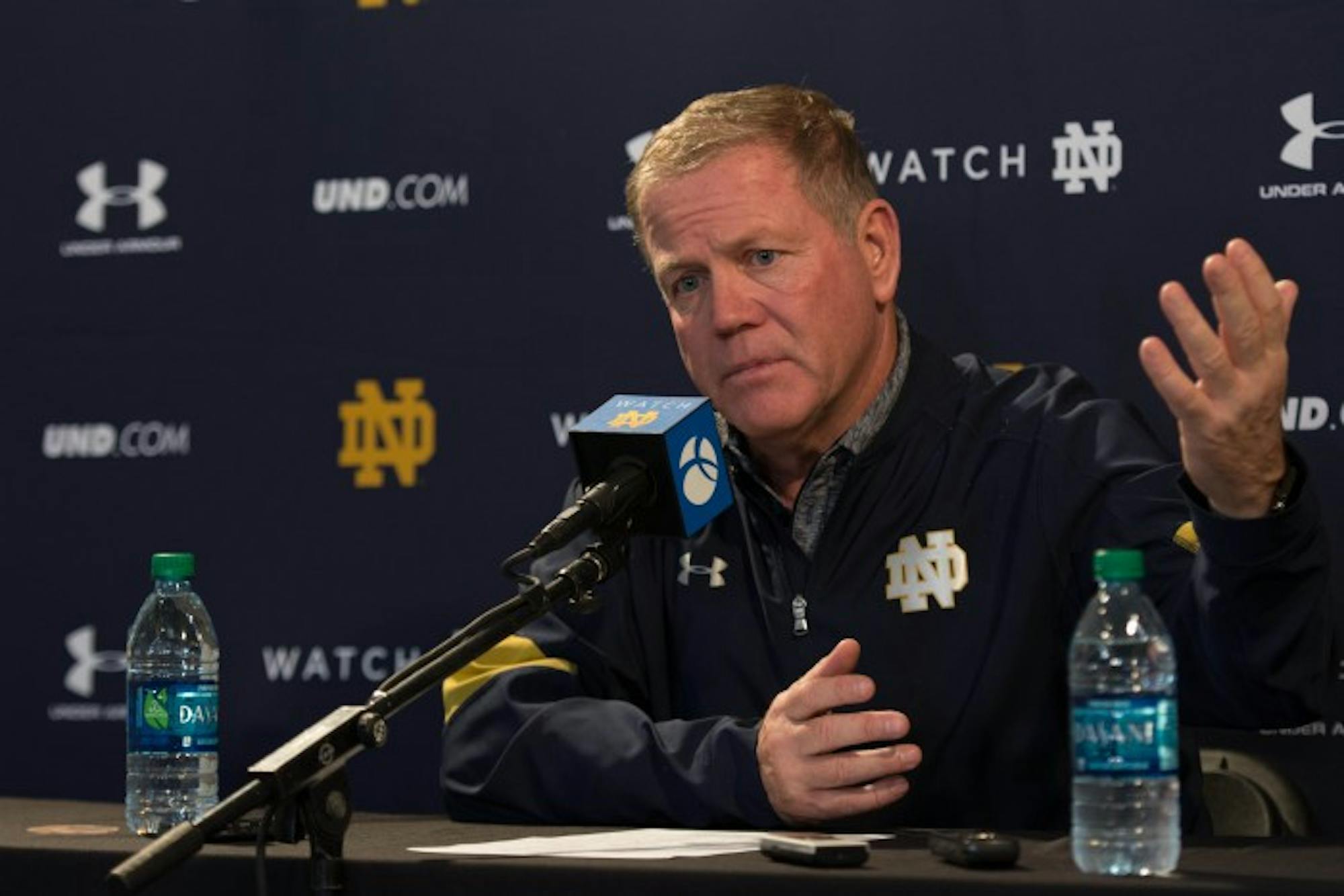 Brian Kelly addresses the media following Notre Dame’s 45-27 loss to USC on Nov. 26, 2016, at Los Angeles Memorial Coliseum.