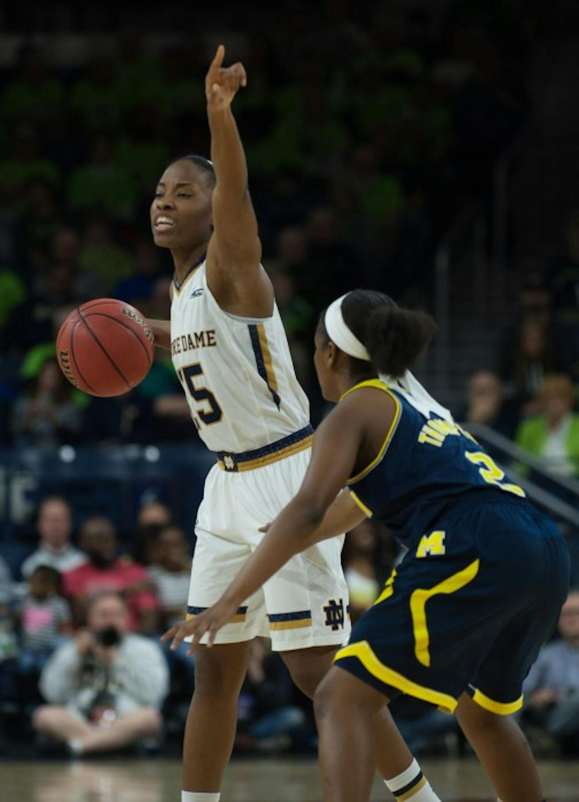 Irish sophomore guard Lindsay Allen calls out a play during Notre Dame’s 70-50 win over Michigan on Dec. 13 at Purcell Pavilion.