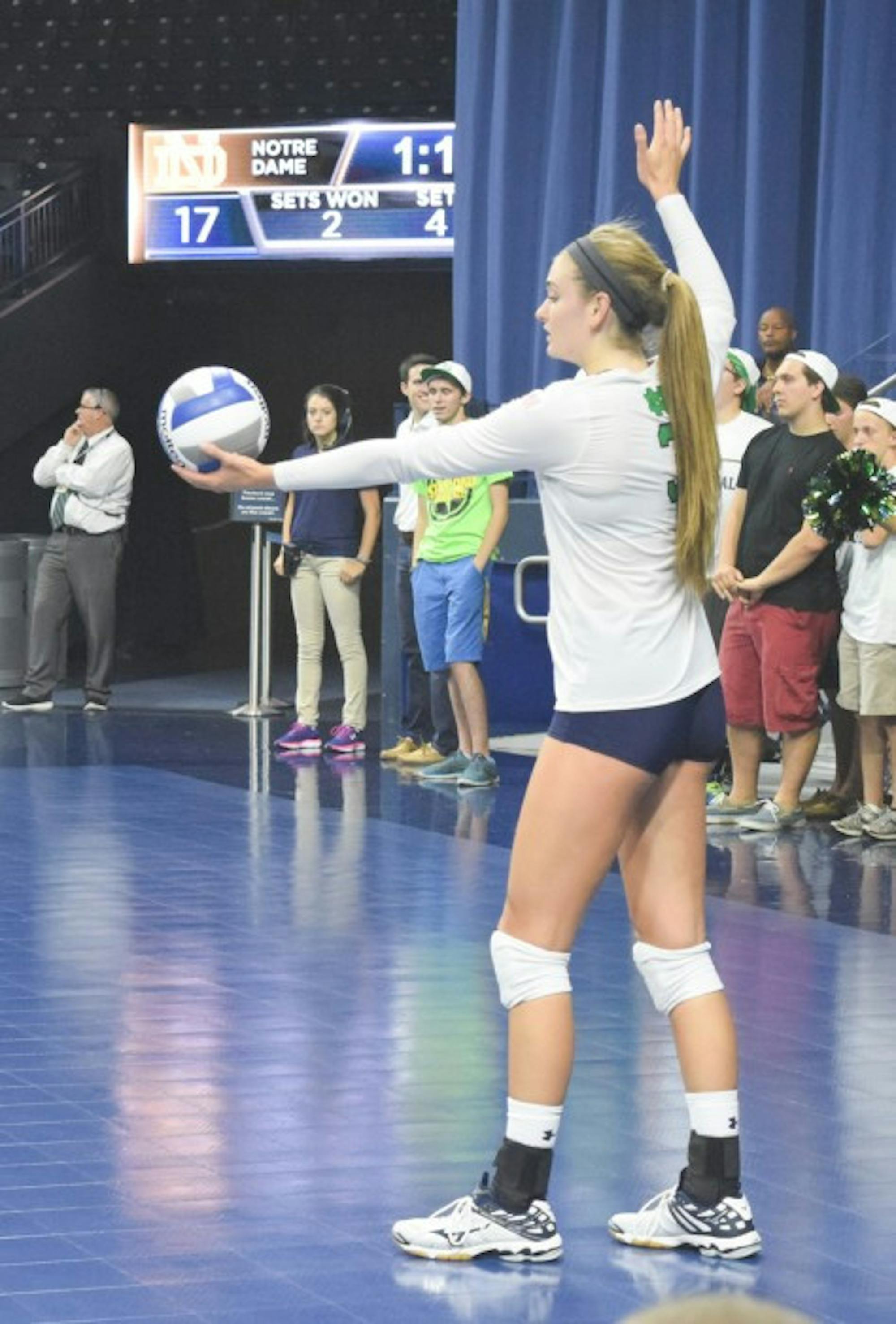 Sophomore outside hitter Sam Fry serves during Notre Dame’s 3-1  victory over Mississippi State at Purcell Pavilion on Sept. 11.