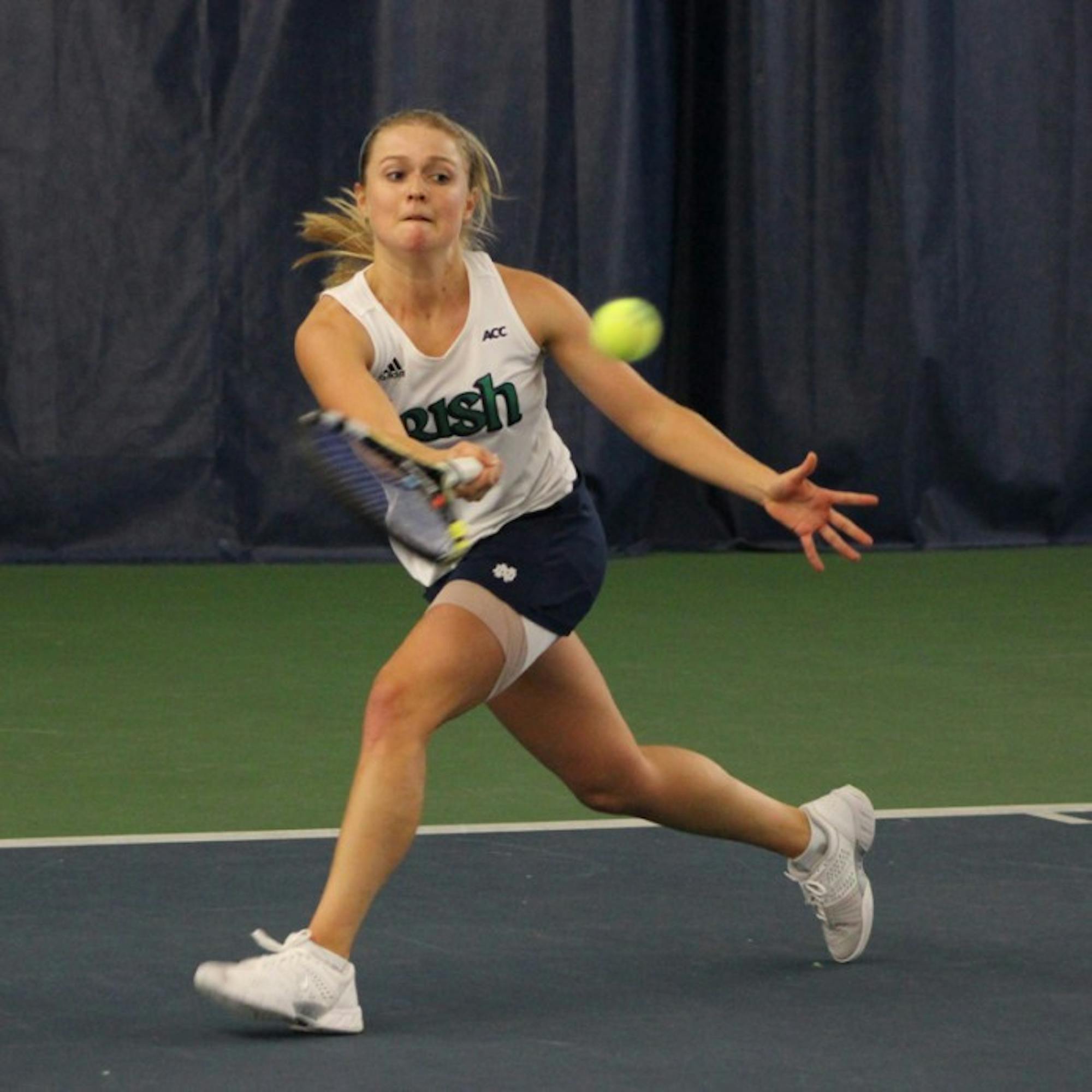 Irish freshman Mary Closs returns a volley during Notre Dame’s 4-3 victory over Indiana on Feb. 2 at the Eck Tennis Pavilion.