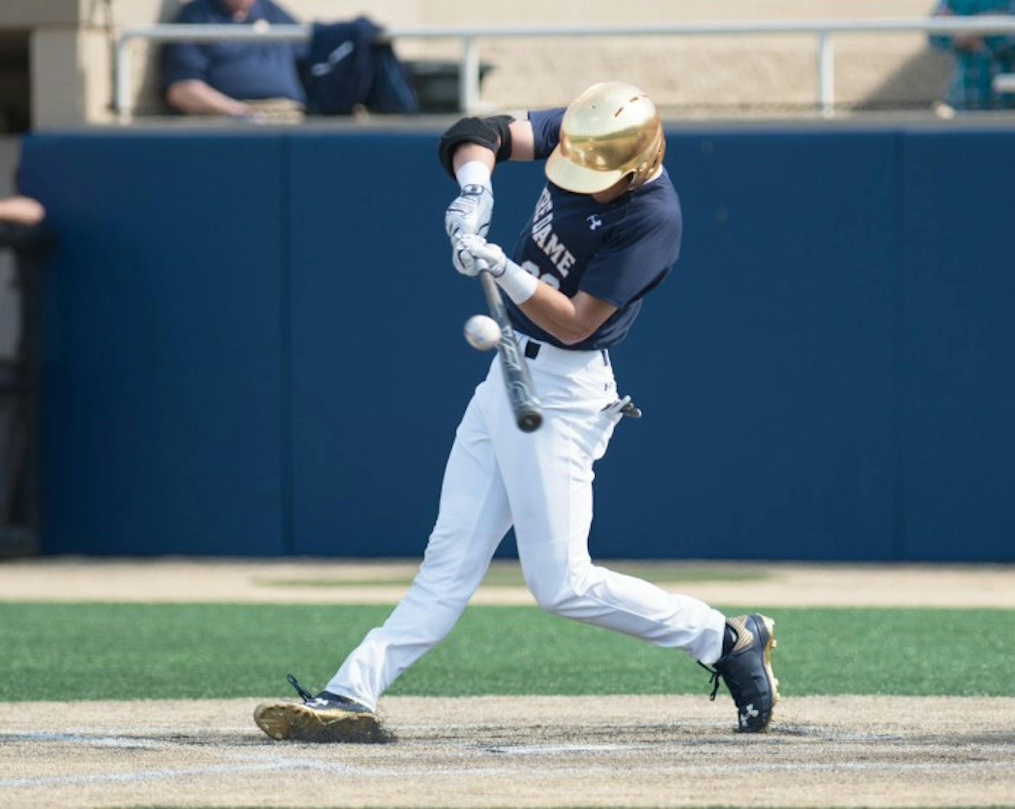 Junior second baseman Cavan Biggio connects for a single during Notre Dame’s 4-2 loss to NC State at Eck Stadium on April 18, 2015. Biggio scored on an inside-the-park home run this weekend at Santa Clara.