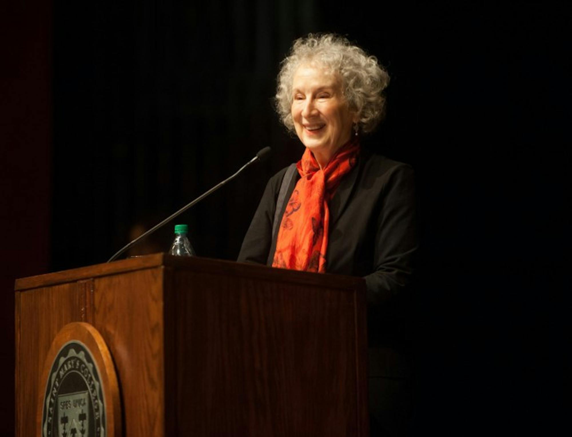Margaret Atwood engages with the crowd at her lecture at Saint Mary's Wednesday evening. In an interview, Atwood stressed the importance of liberal arts and the humanities.