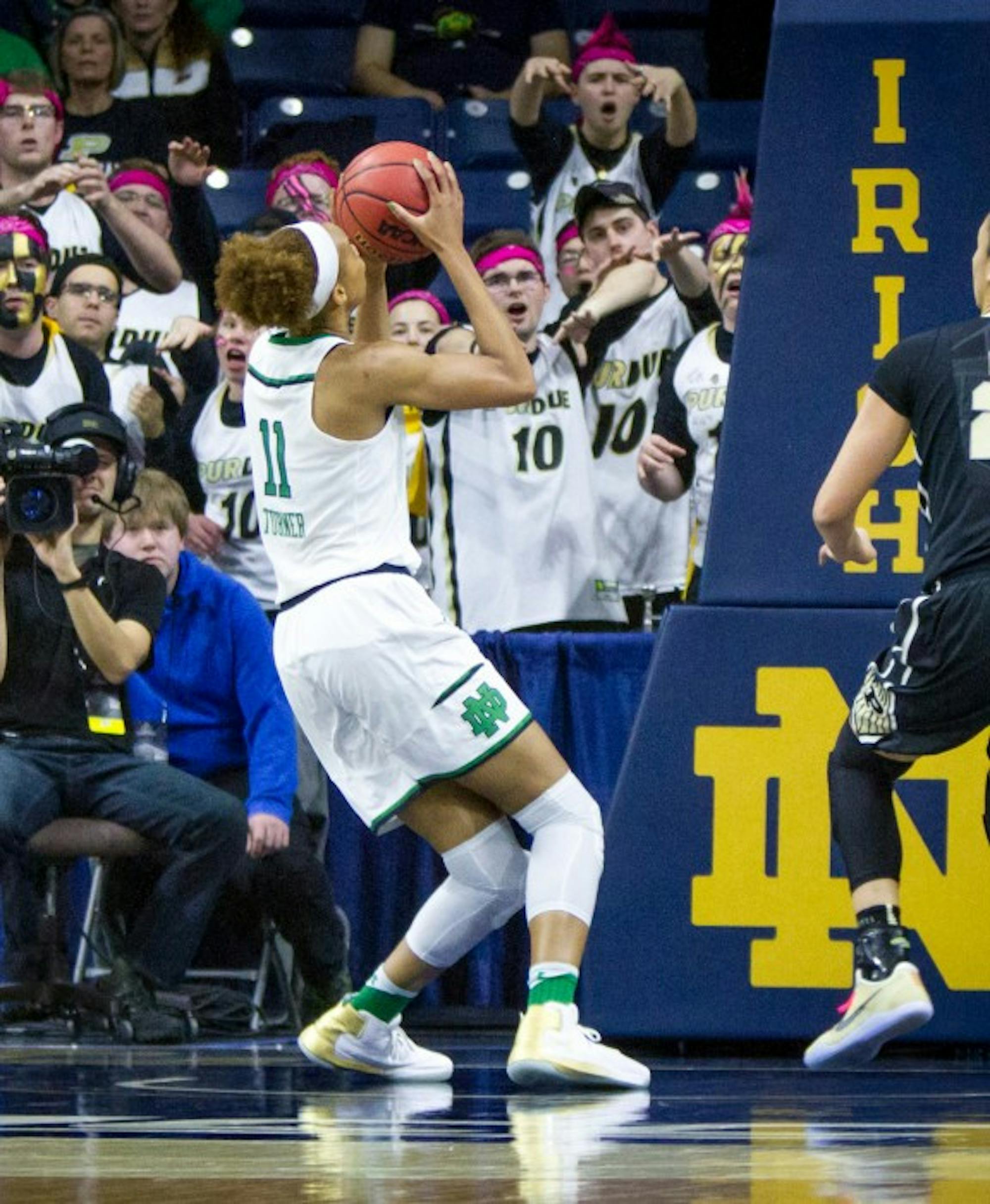 Irish junior Brianna Turner goes up for the layup moments before injuring herself during Notre Dame’s 88-82 win over Purdue.