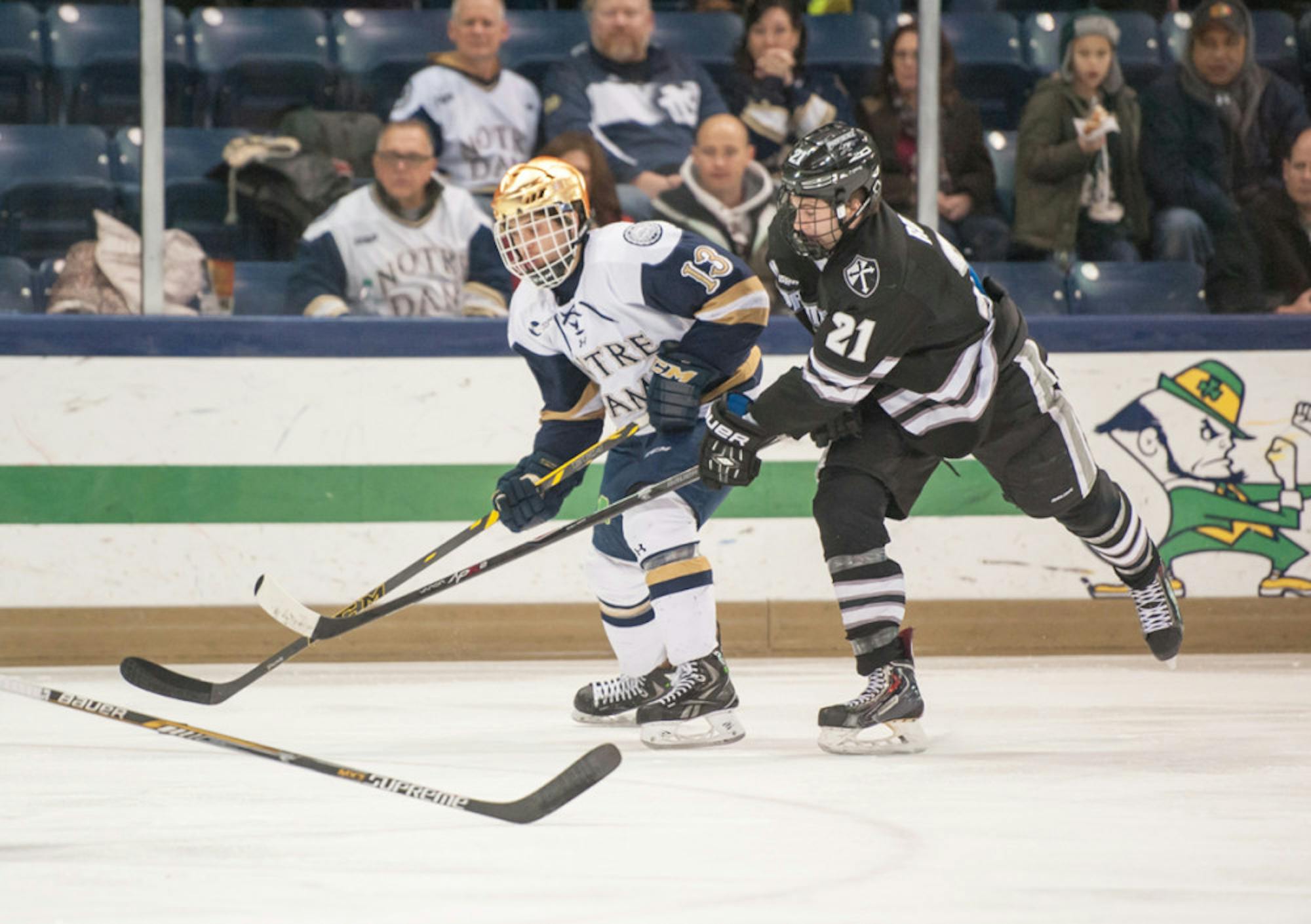 Irish sophomore center Vince Hinostroza awaits a pass during Notre Dame’s 2-0 home victory over Providence on Friday.