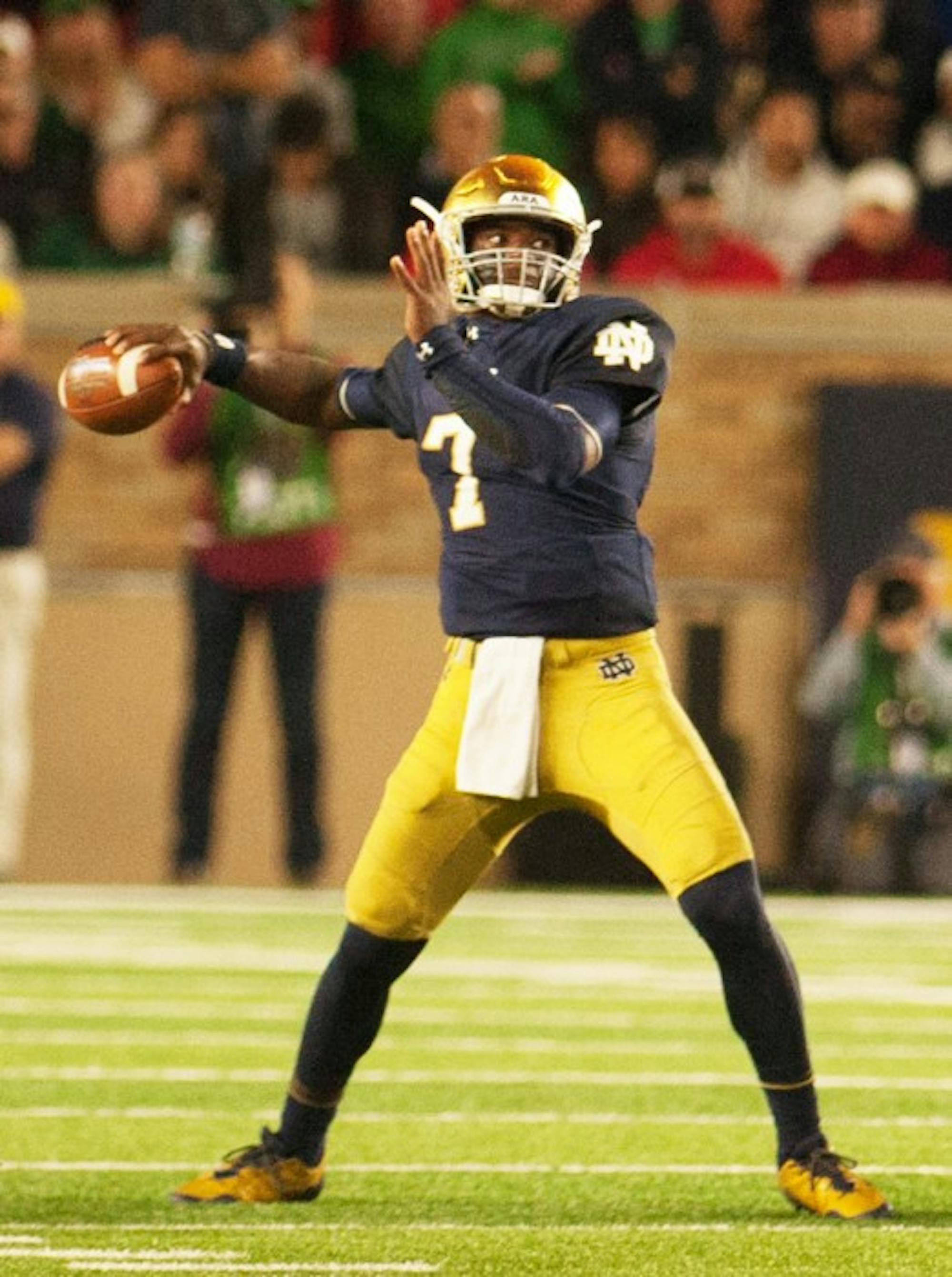 Irish junior quarterback Brandon Wimbush winds up for a pass during Notre Dame’s 20-19 loss to Georgia on Saturday at Notre Dame Stadium. Wimbush completed 20 passes for 210 yards in the game.