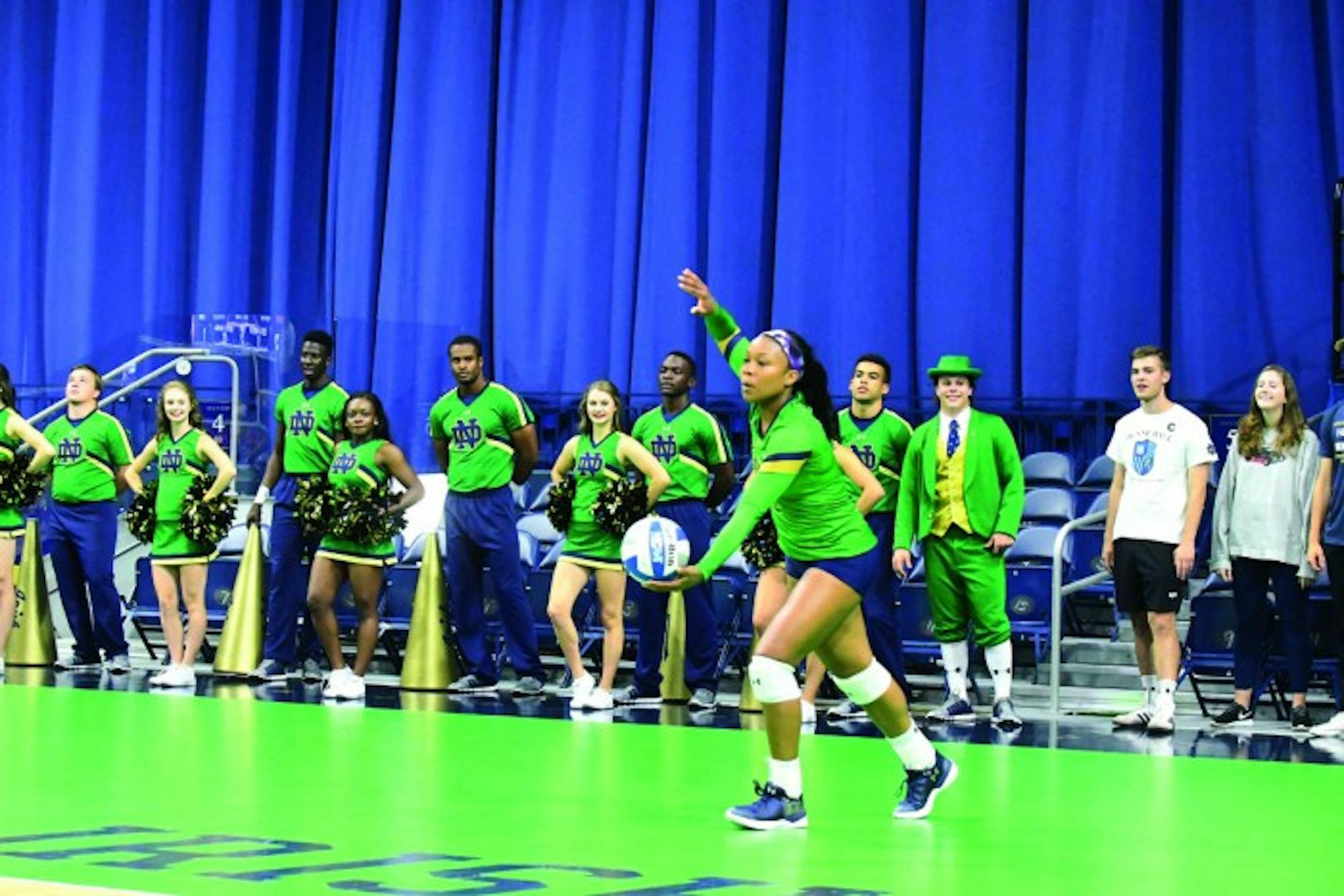 Irish sophomore outside hitter Jemma Yeadon prepares to serve the ball during Notre Dame’s 3-0 win over Michigan State on Sept. 15 at Purcell Pavilion. Yeadon had 19 kills and 11 digs in the match.