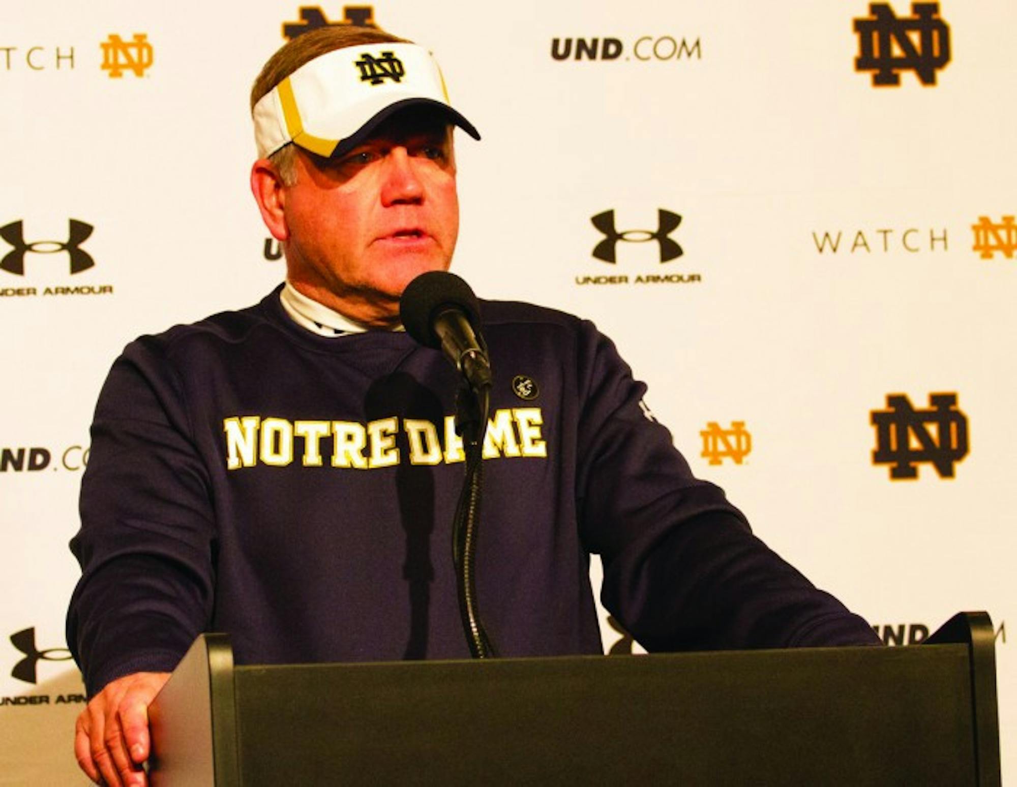 Irish head coach Brian Kelly addresses the media following Notre Dame’s 24-20 win against Temple at Lincoln Financial Field in Philadelphia on Oct. 31. Kelly returns home to Massachusetts this weekend.