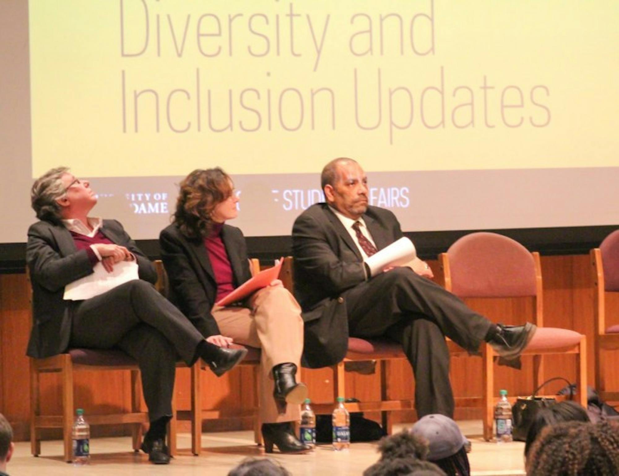 Administrators, left to right, Maura Ryan, Maureen Dawson and Hugh Page gathered Monday evening to discuss issues of diversity and inclusion in a town hall sponsored by Diversity Council.
