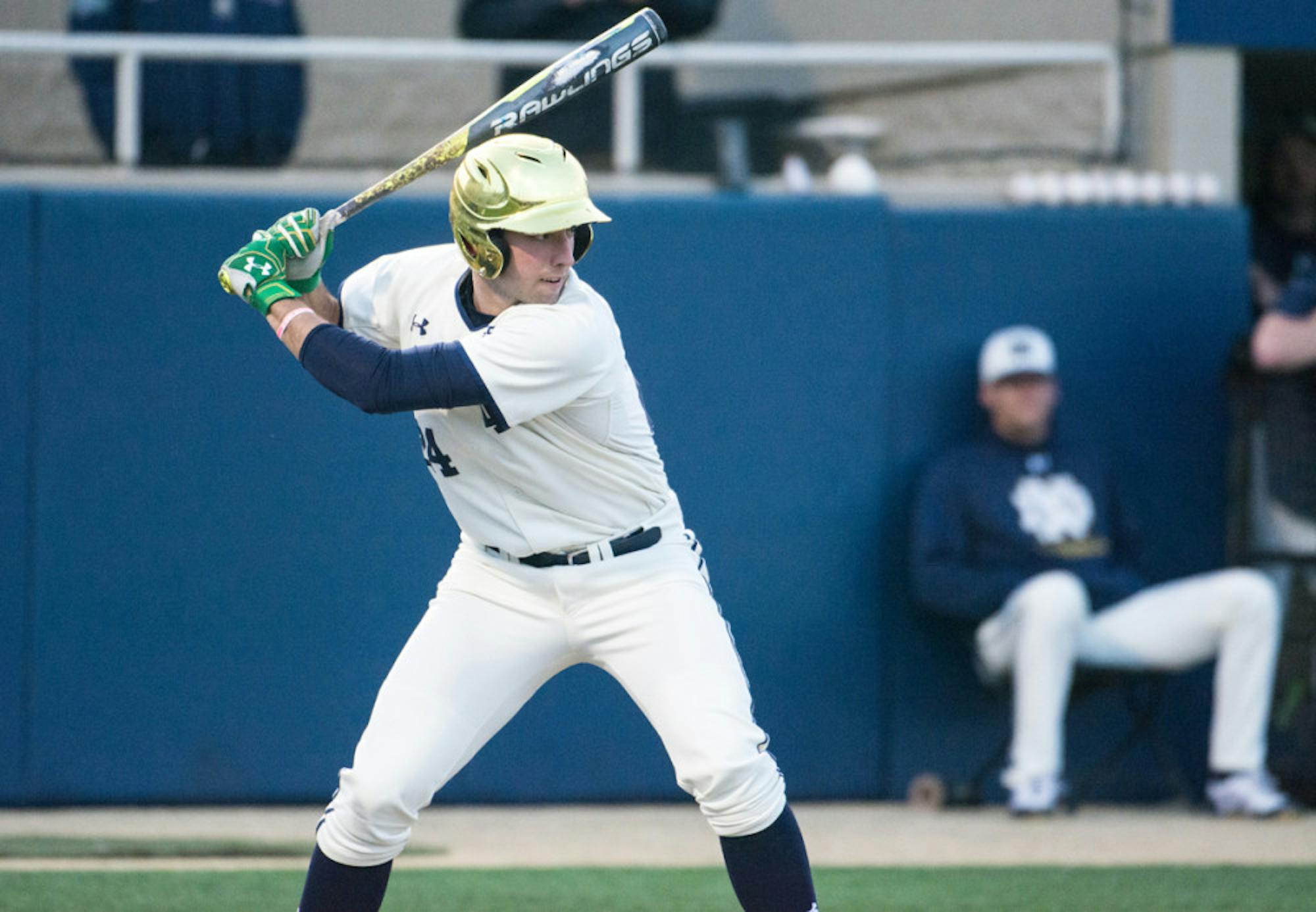 Irish sophomore outfielder Matt Vierling readies to swing during Notre Dame’s 8-3 win over Toledo on April 12.