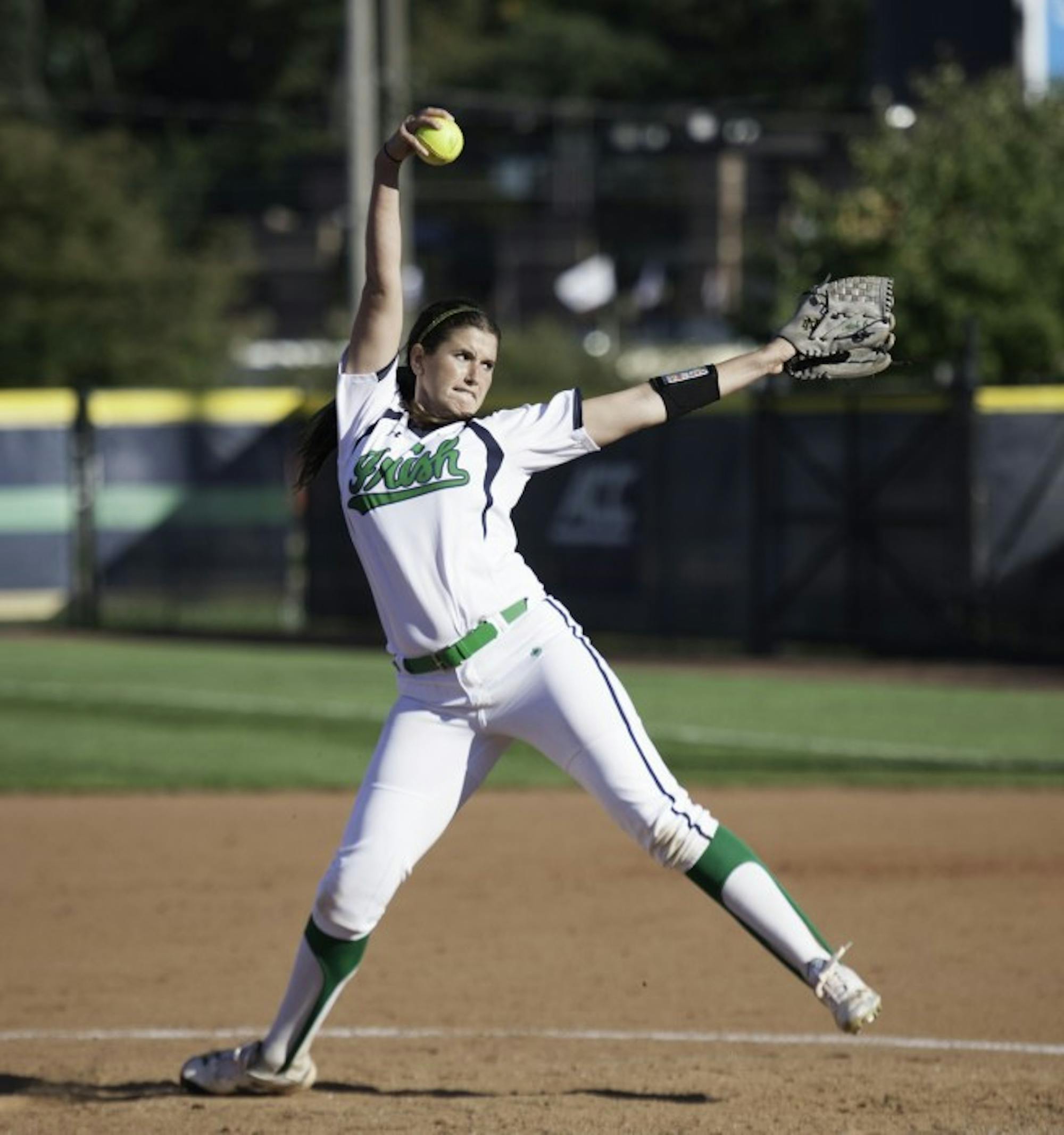 Irish senior pitcher Rachel Nasland delivers a pitch during an exhibition game against Illinois State on Oct. 9 at Melissa Cook Stadium.