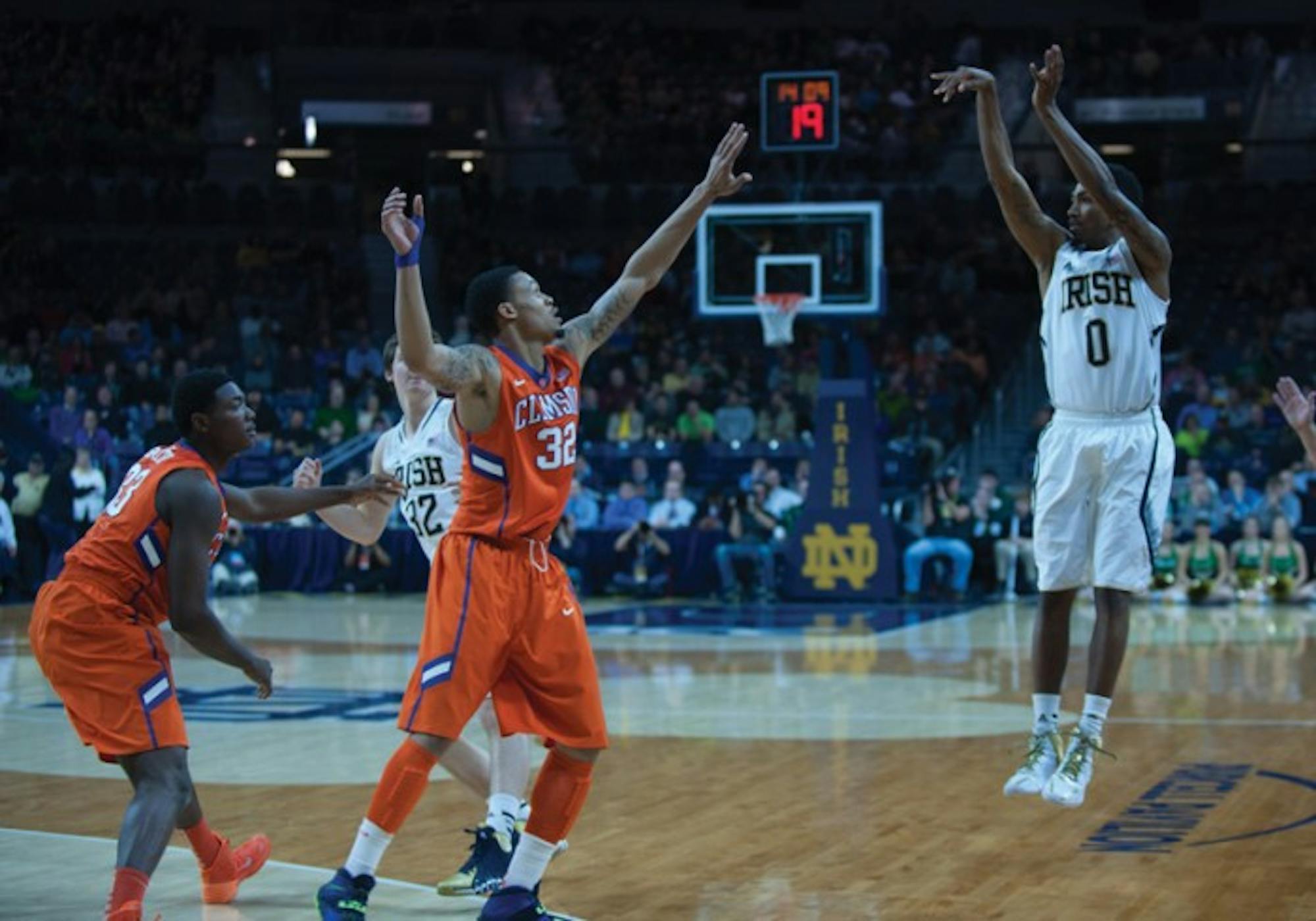 Irish senior guard Eric Atkins shoots a 3-pointer during Notre Dame’s 68-64 win over Clemson in double overtime Feb. 11. Notre Dame returns to Purcell Pavilion tonight at 7 p.m. against Georgia Tech.