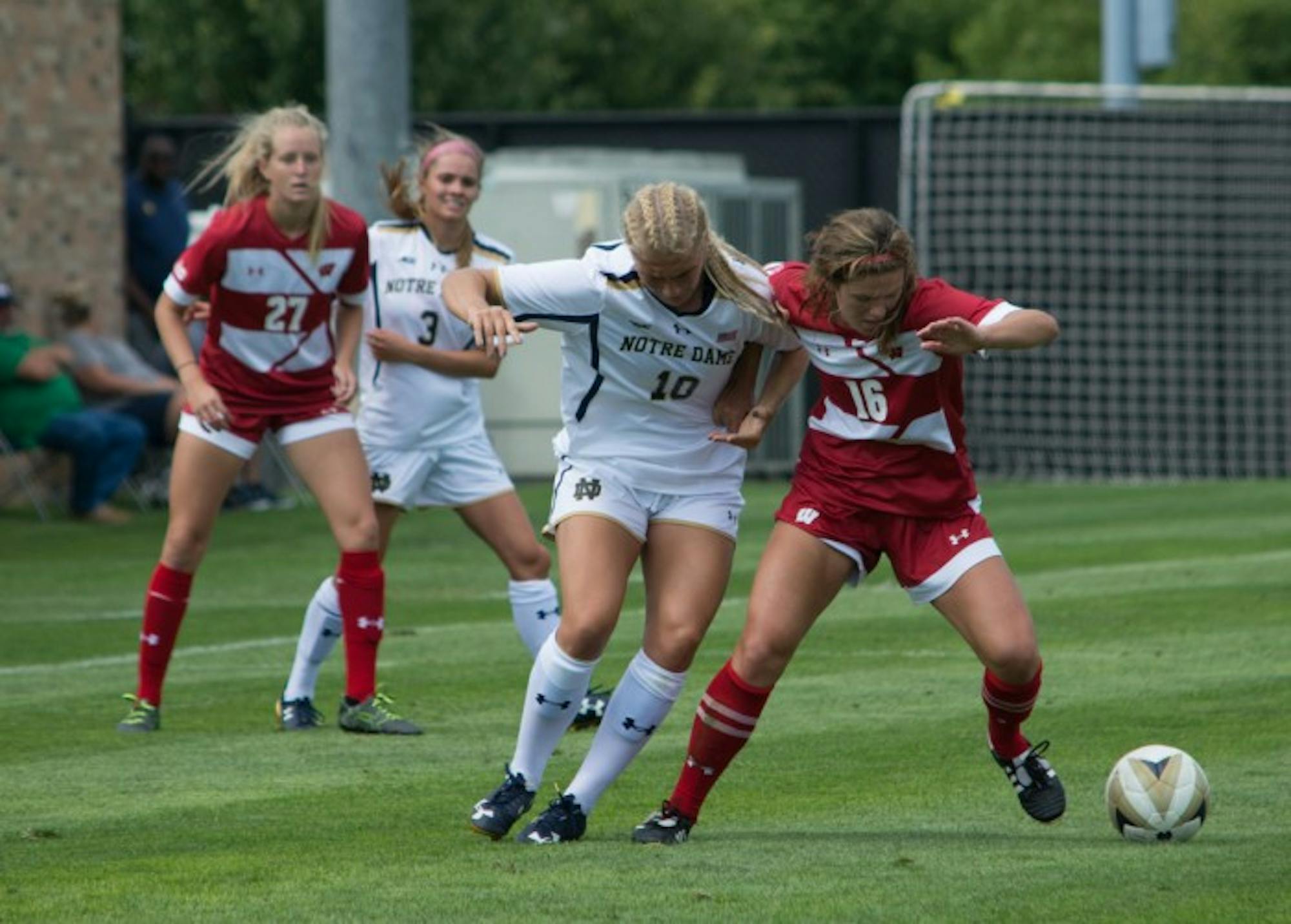 Irish freshman forward Jennifer Westendorf fights for possession of the ball during Notre Dame's 1-0 win over Wisconsin on Aug. 21 at Alumni Stadium.