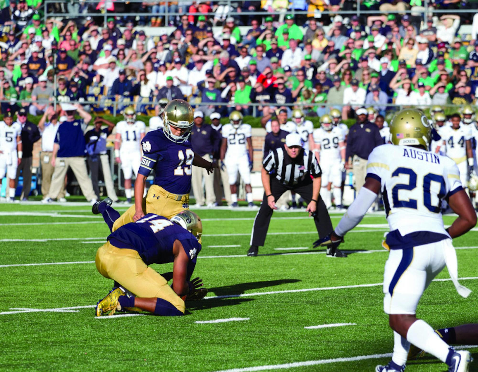 Irish freshman kicker Justin Yoon winds up for a field goal attempt during Notre Dame’s 30-22 win over Georgia Tech. Yoon is 4 for 6 on field goals this year but missed an extra point Saturday.