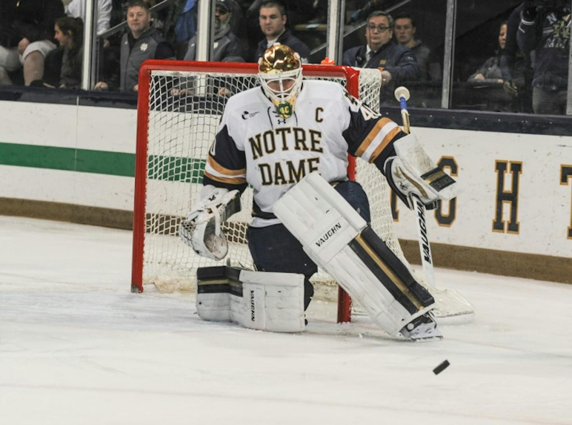 Junior goaltender Cal Petersen stares down a shot attempt during a 4-1 Irish win over UMass Lowell on Nov. 18 at Compton Family Ice Arena.