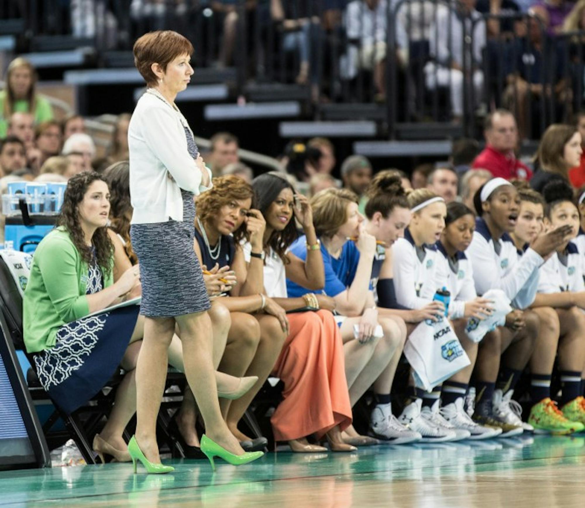 Irish head coach Muffet McGraw patrols the sideline during Notre Dame’s 63-53 loss to Connecticut at Amalie Arena in Tampa on April 7. McGraw is now 700-221 in her career as head coach of the Irish.