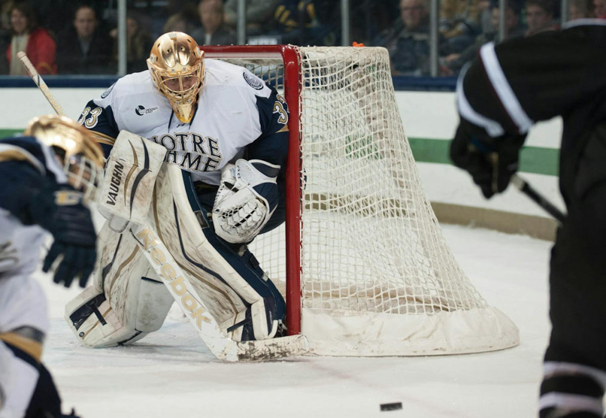 Irish freshman goalie Cal Petersen tracks the puck during Notre Dame’s 3-2 overtime loss to Union College on Nov. 28 at Compton Family Ice Arena. Petersen is 5-8-1 with a .904 save percentage between the pipes.