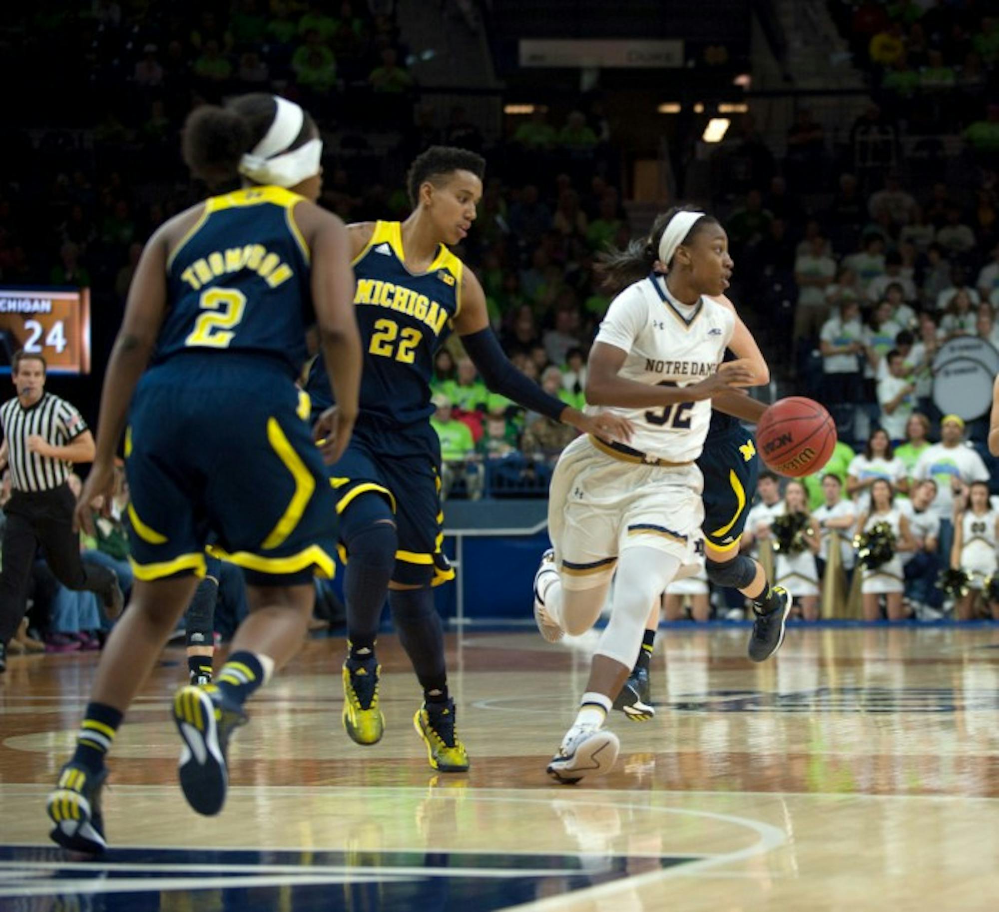 Irish junior guard Jewell Loyd looks for an open teammate during Notre Dame’s 70-50 victory over rival Michigan on Dec. 13 at Purcell Pavilion. Loyd scored 14 points and pulled down 5 rebounds in the win.