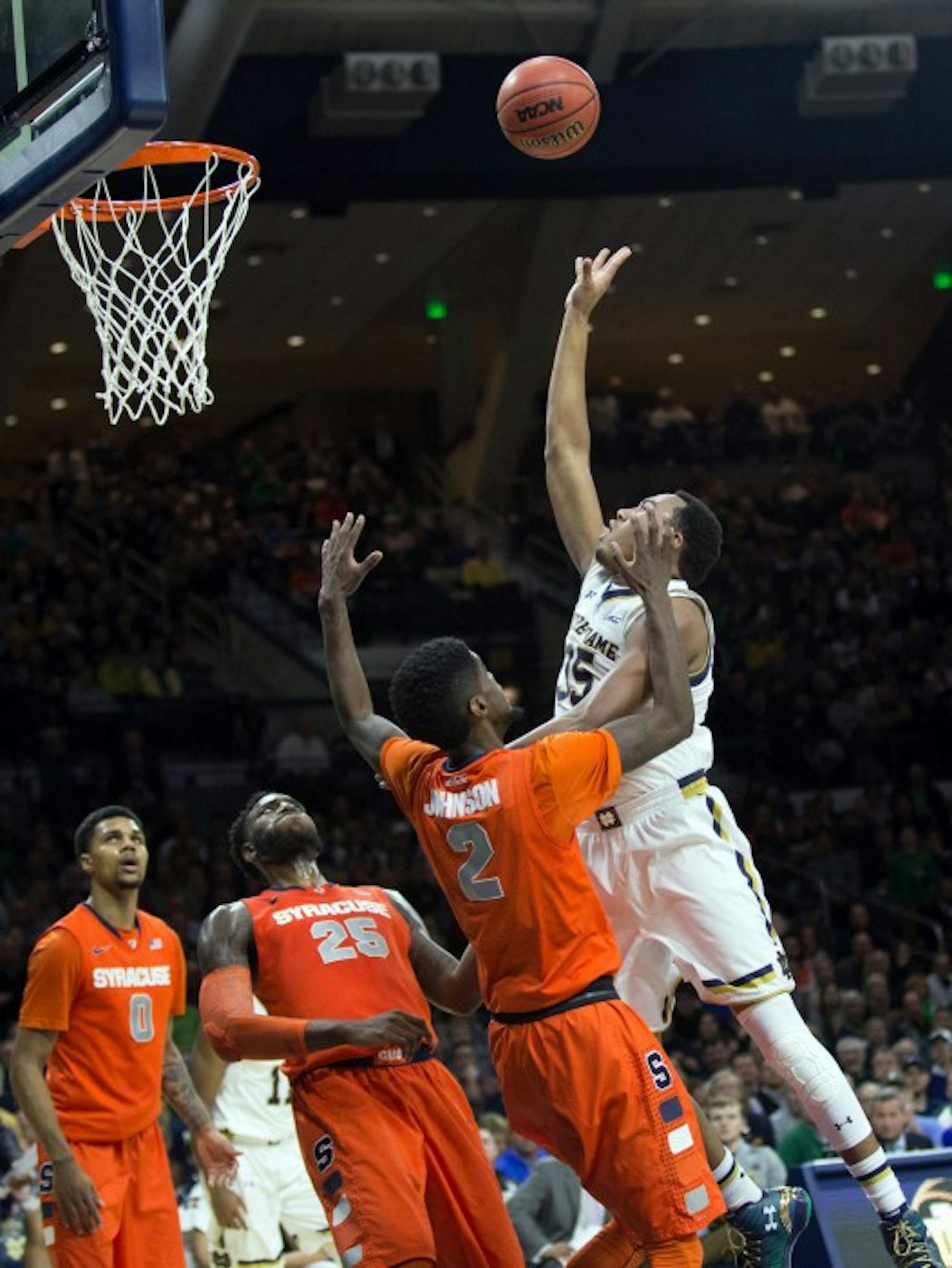 Irish freshman forward Bonzie Colson jumps for a rebound in Notre Dame’s 65-60 loss to Syracuse on Feb. 24 at Purcell Pavilion.