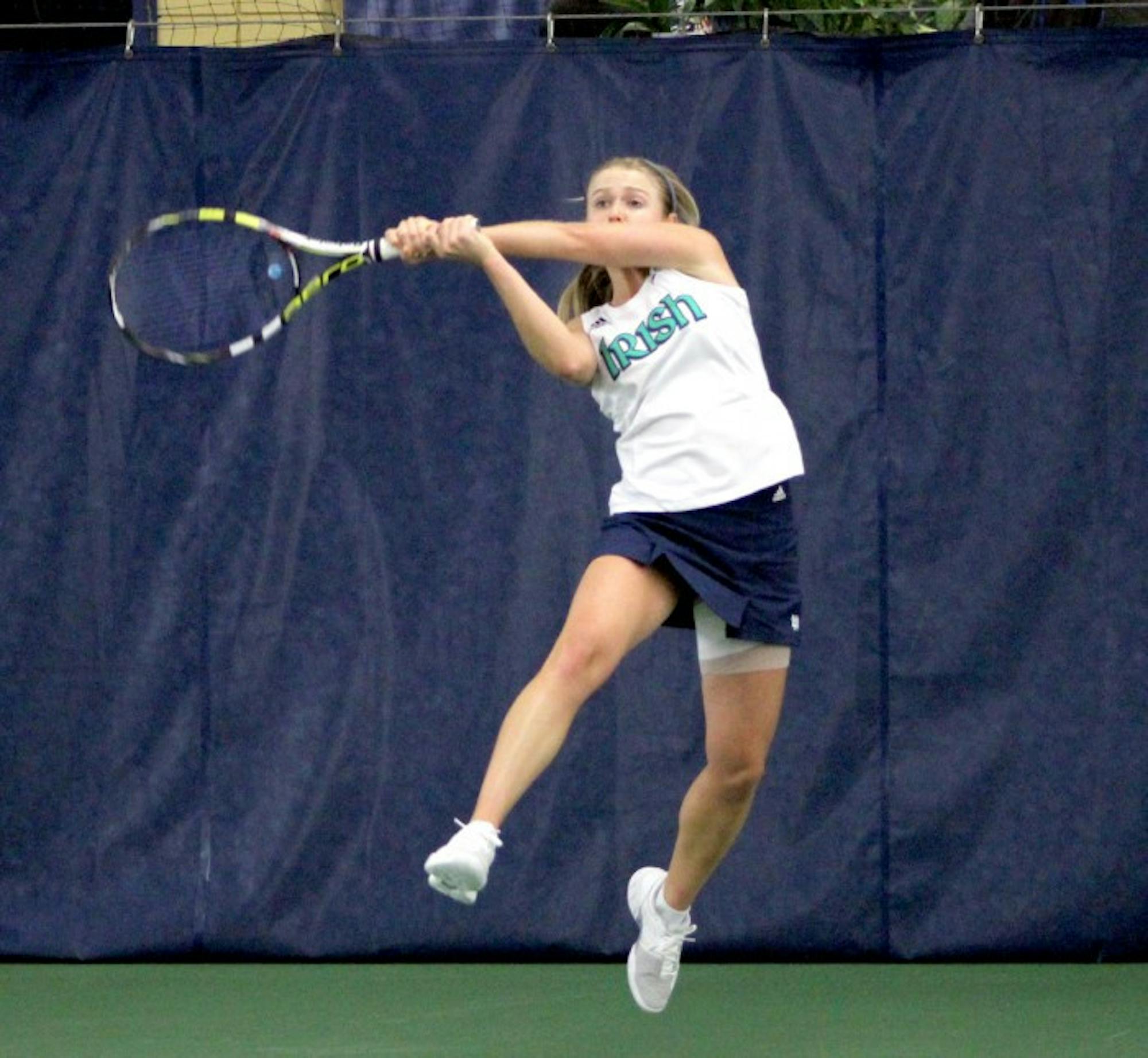 Sophomore Monica Robinson returns a forehand in Notre Dame’s 4-3 victory over Indiana on Feb. 2. Robinson lost her individual match to Sophie Garre, 4-6, 6-3, 1-0.