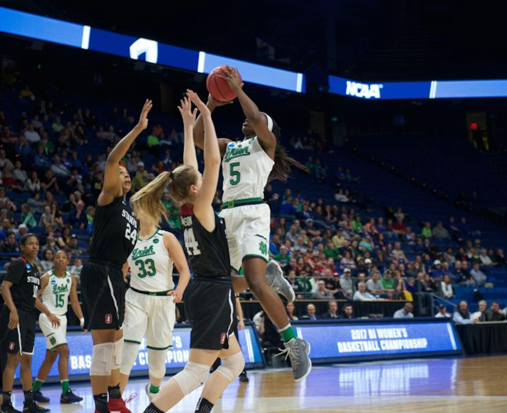 Irish freshman guard Jackie Young drives towards the basket for a layup during Notre Dame’s 76-75 loss to Stanford on Sunday at Rupp Arena.