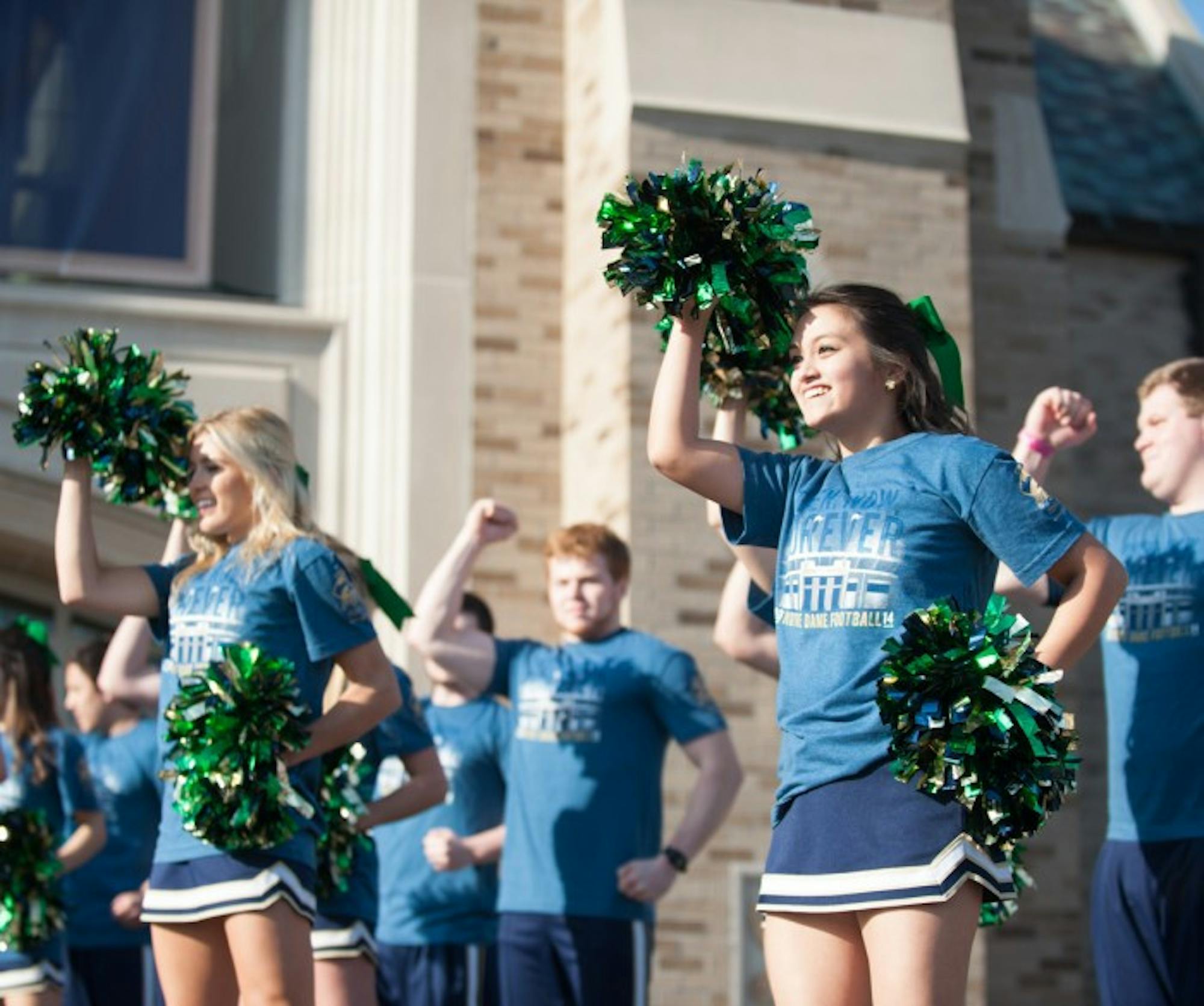 Notre Dame cheerleaders lead the crowd in chants for last year's unveiling ceremony for the 25th anniversary of The Shirt.