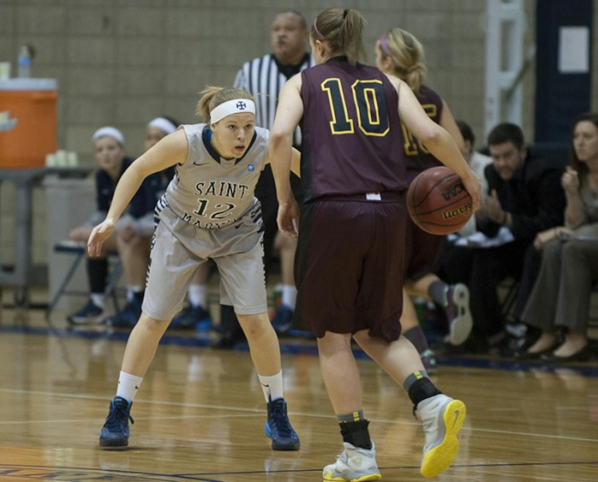 Saint Mary's sophomore guard Maddie Kohler defends during the Belles' 95-68 loss to Calvin on Jan. 15.