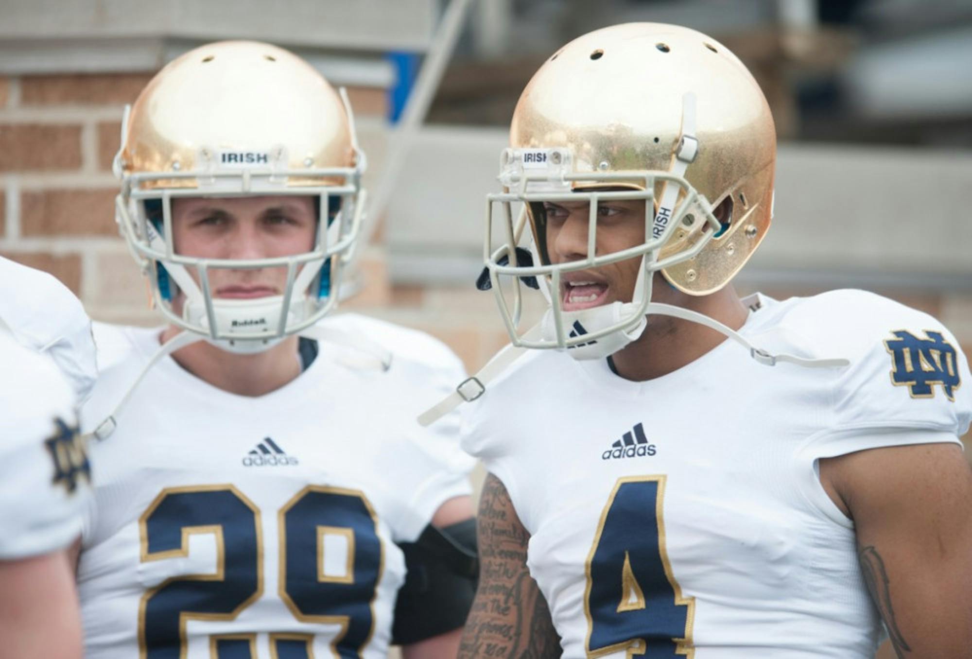 Irish senior safety Eilar Hardy, right, was cleared by the NCAA to participate in competition Nov. 7, and he debuted for Notre Dame the next day against Arizona State. Hardy tallied 26 tackles as a junior last season.