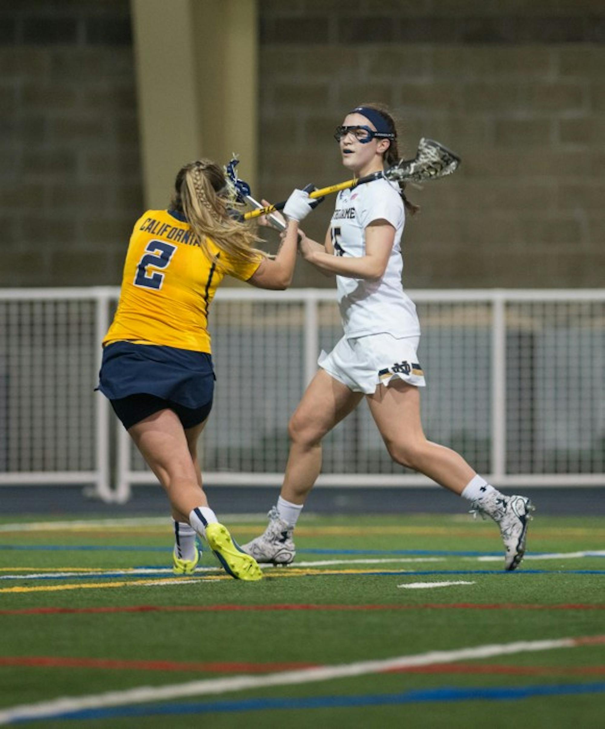 Junior attack Cortney Fortunato looks to make a pass during Notre Dame’s 21-2 victory over California at Loftus Sports Center on Feb. 28.