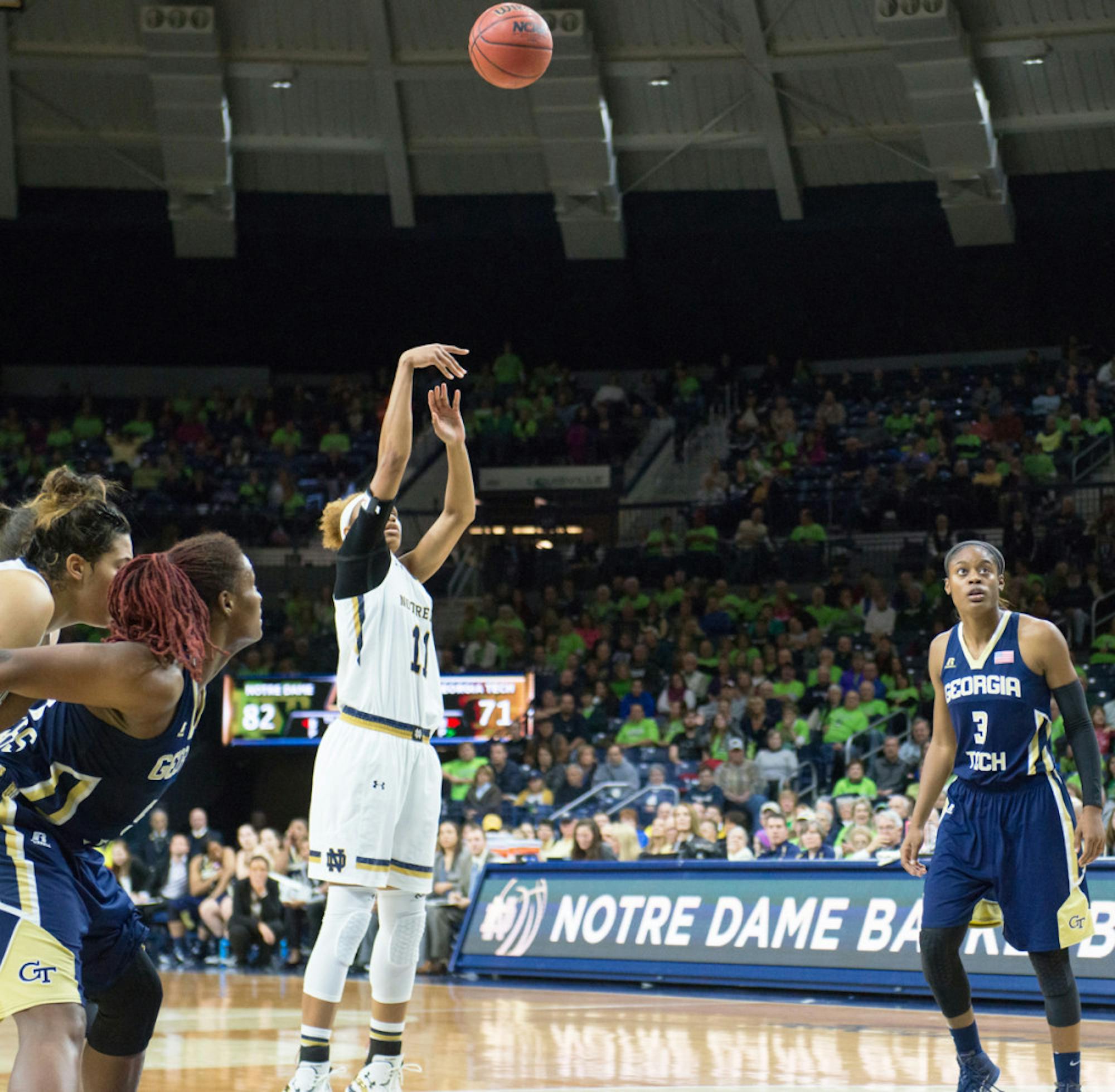 Irish freshman forward Brianna Turner shoots a free throw in an    89-76 victory over Georgia Tech on Thursday at Purcell Pavilion.