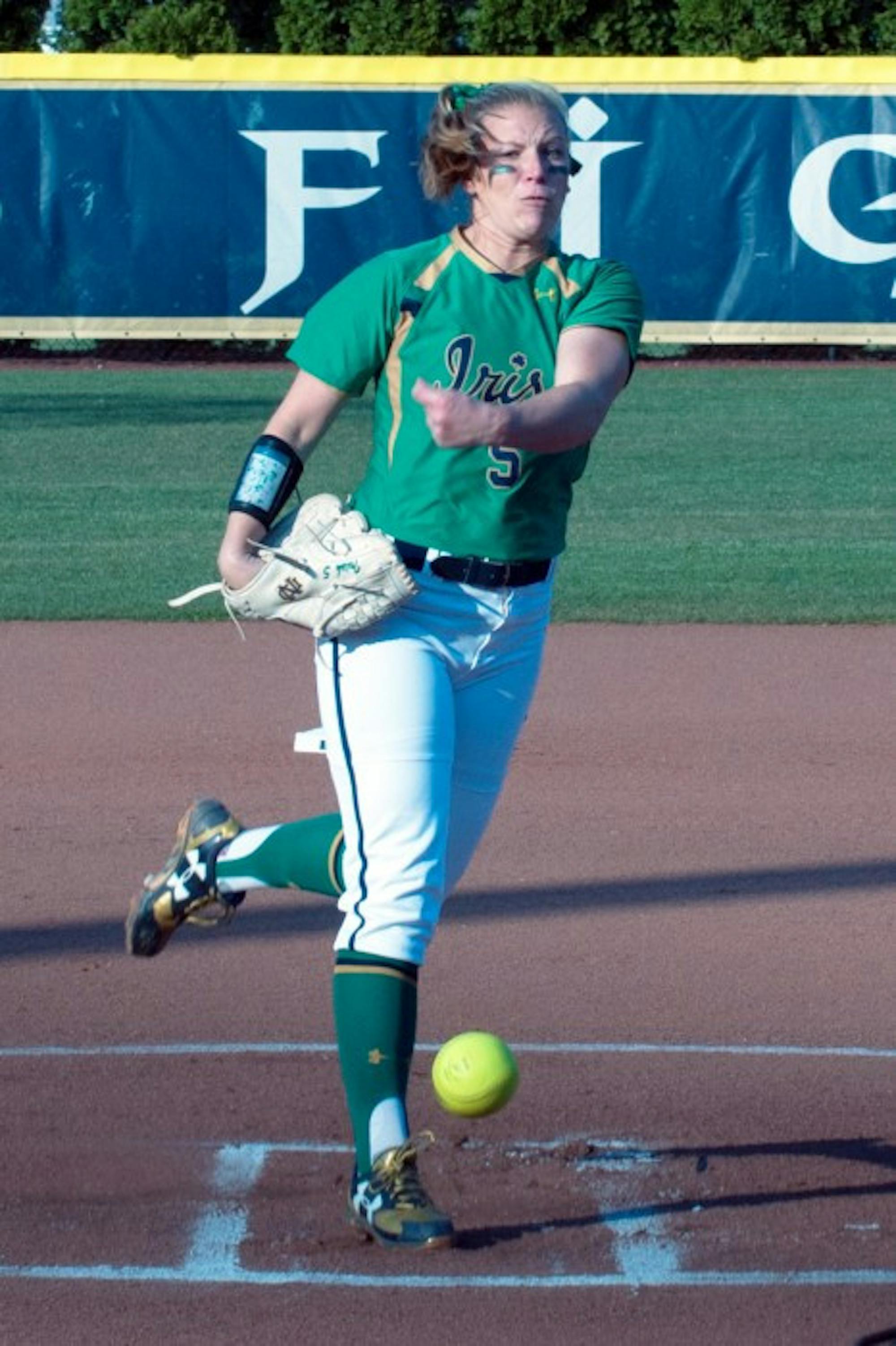 Irish senior Allie Rhodes delivers a pitch during Notre Dame’s 5-0 victory over Butler on Thursday night at Melissa Cook Stadium.