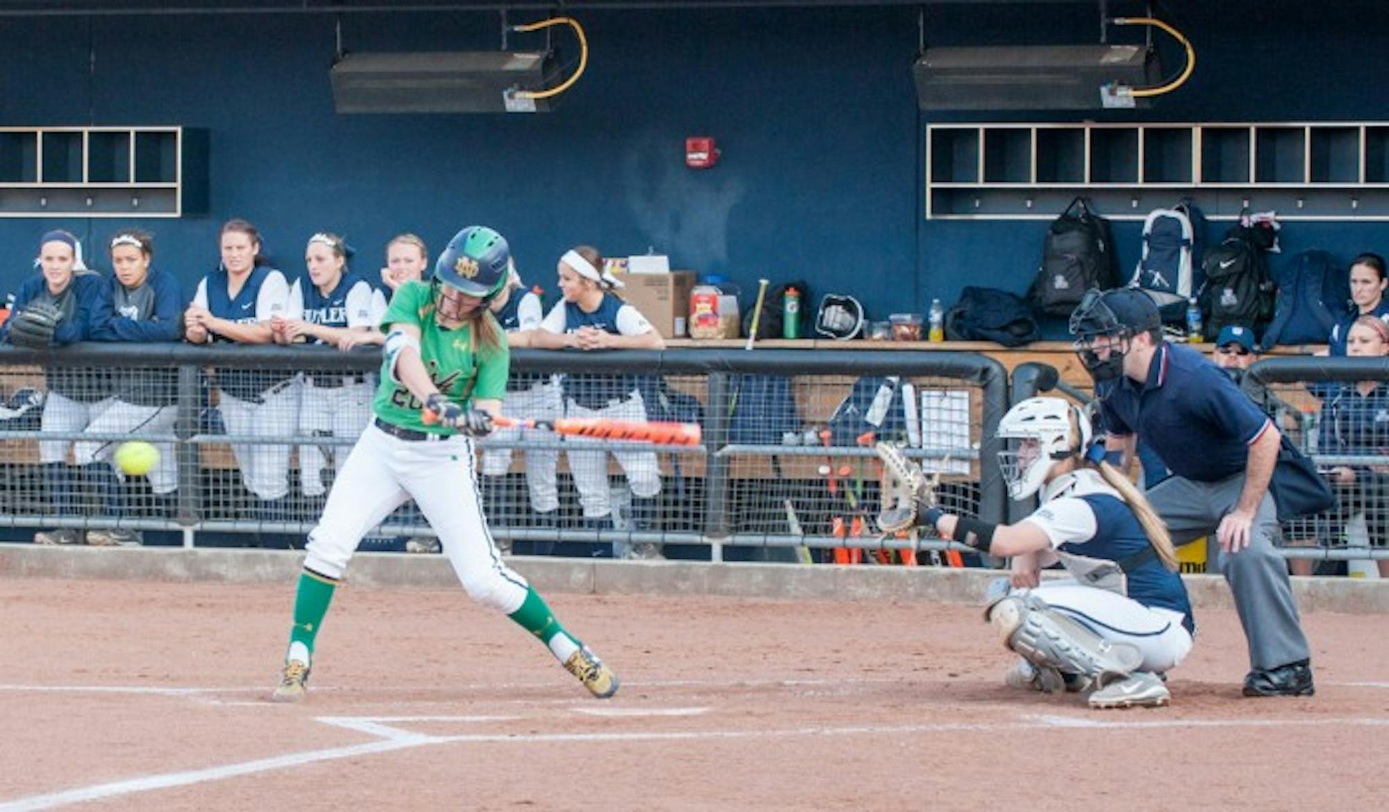 Junior infielder Morgan Reed swings at a pitch during Notre Dame’s 5-0 win over Butler on April 14, 2016, at Melissa Cook Stadium. Reed drove in all eight runs for the Irish in their win over Georgia Tech.