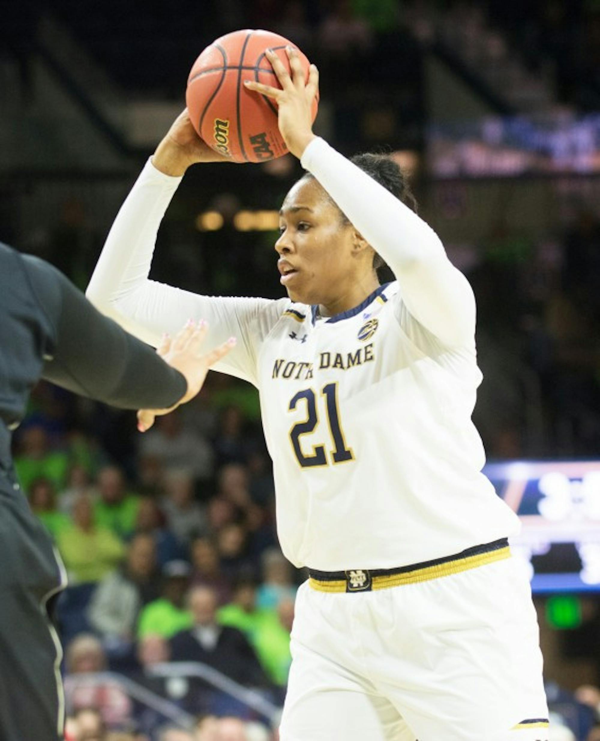 Irish senior forward Kristina Nelson surveys the court during Notre Dame's 71-60 win over Washington on Nov. 20 at Purcell Pavilion.