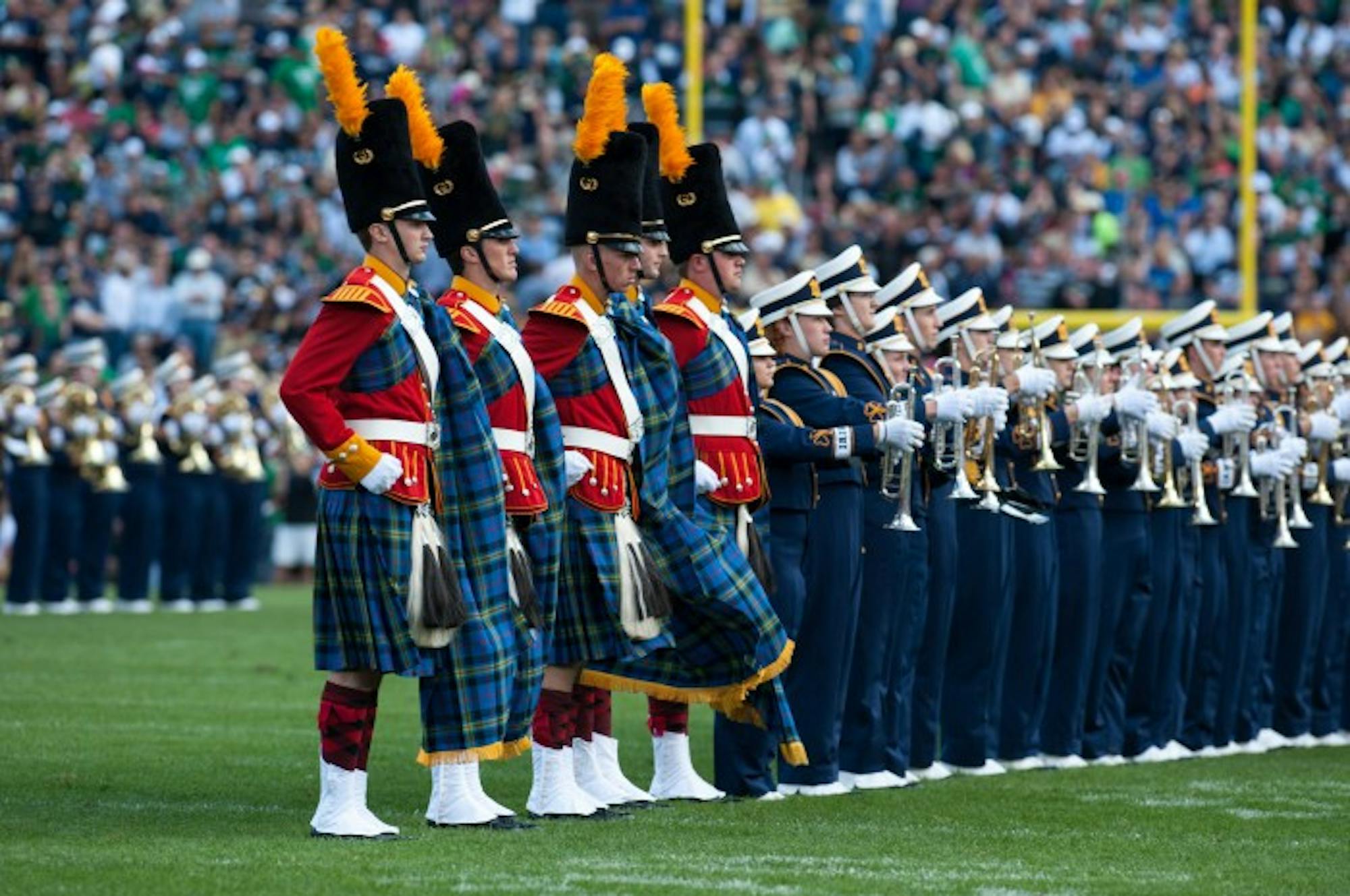 The Irish Guard performs alongside the Band of the Fighting Irish in the Sept. 8, 2012, game against Purdue. The Guard has been restructured to include band members only, eliminating the height requirement of 6'2''.