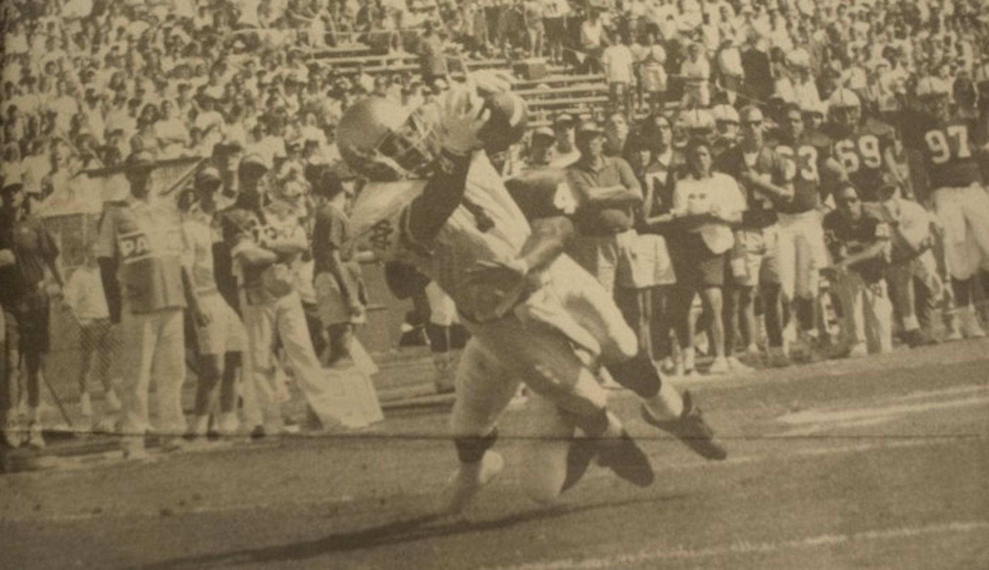Notre Dame receiver Derrick Mayes catches a pass during a 48-20 victory at Stanford Stadium in Stanford, California on Oct. 2, 1993. The Irish finished the season 11-1 and ranked No. 2 in the polls.