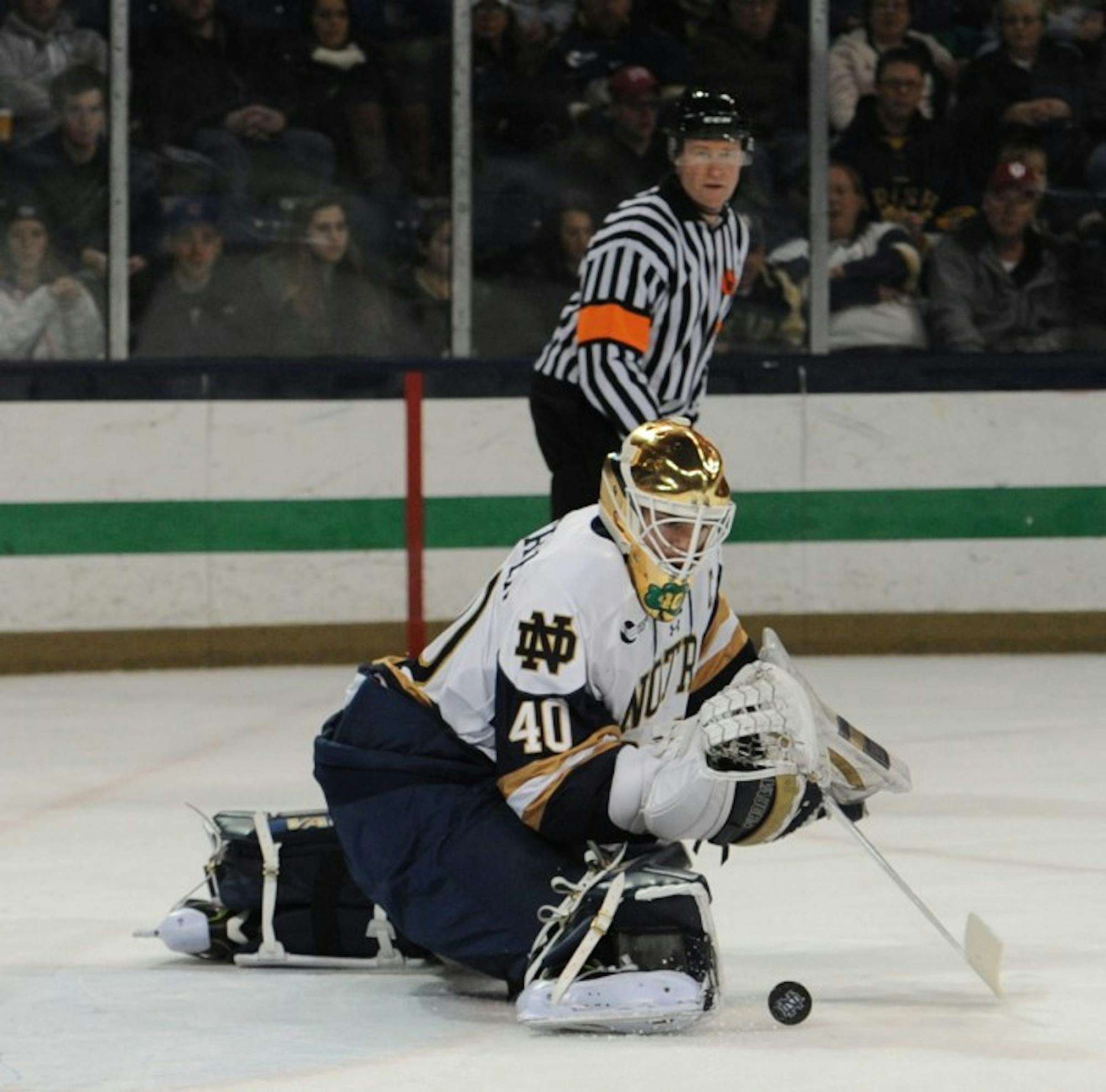 Irish junior goalie Cal Peterson stretches out to make a save during Notre Dame's 2-2 tie with New Hampshire on Jan. 20.