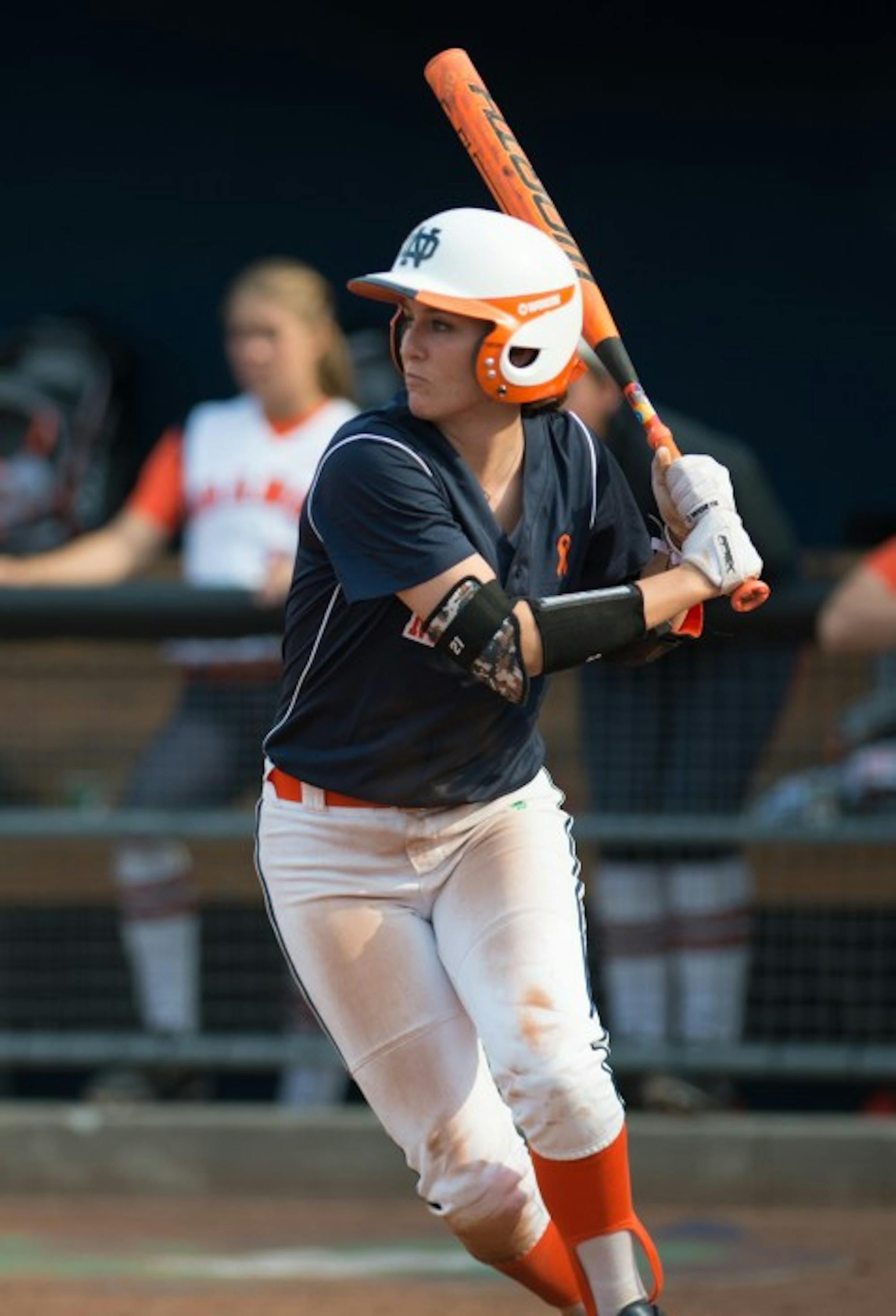 Junior outfielder Karley Wester steps into her swing during Notre Dame’s 10-1 win over Syracuse on April 18 at Melissa Cook Stadium.