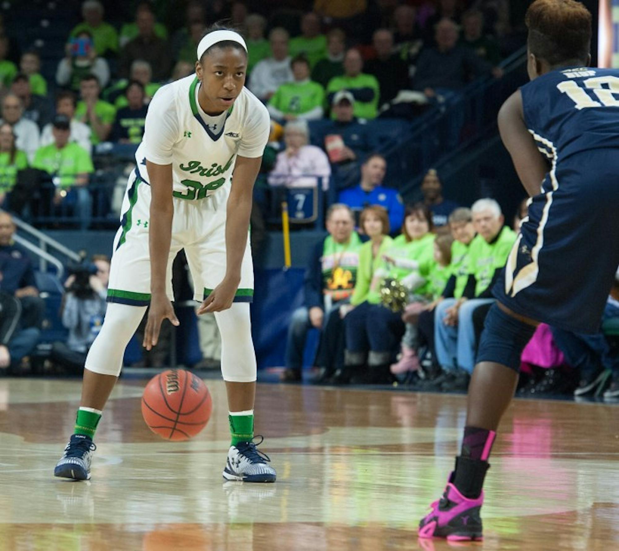 Junior guard Jewell Loyd stares down a defender during Notre Dame's win over Pittsburgh on Feb. 23.