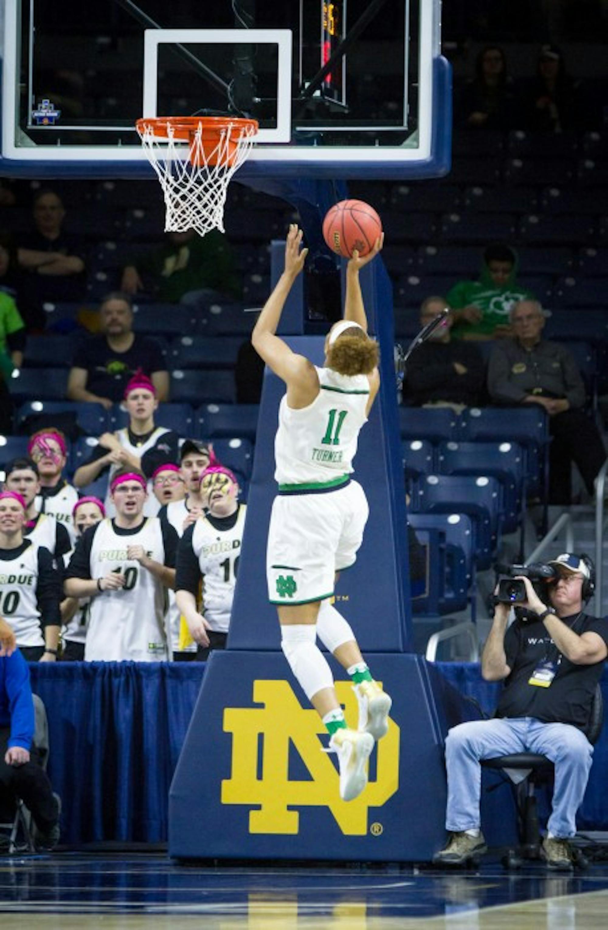 Irish junior forward Brianna Turner goes up for the layup during Notre Dame’s 88-82 win over Purdue on Sunday at Purcell Pavilion.
